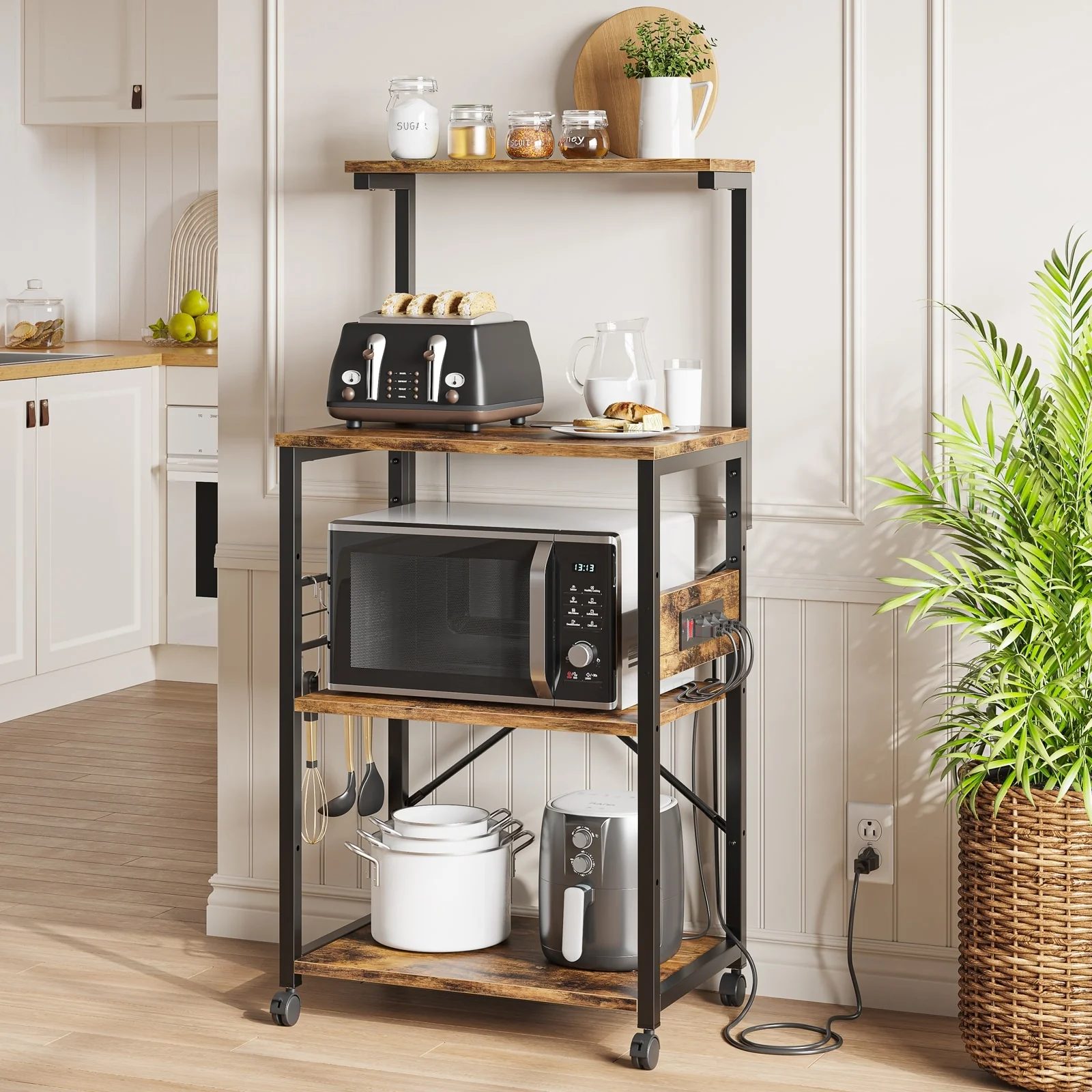 Kitchen Bakers Rack with Storage Shelves &USB Outlets, Microwave Oven Stand Kitchen Shelf Organizer