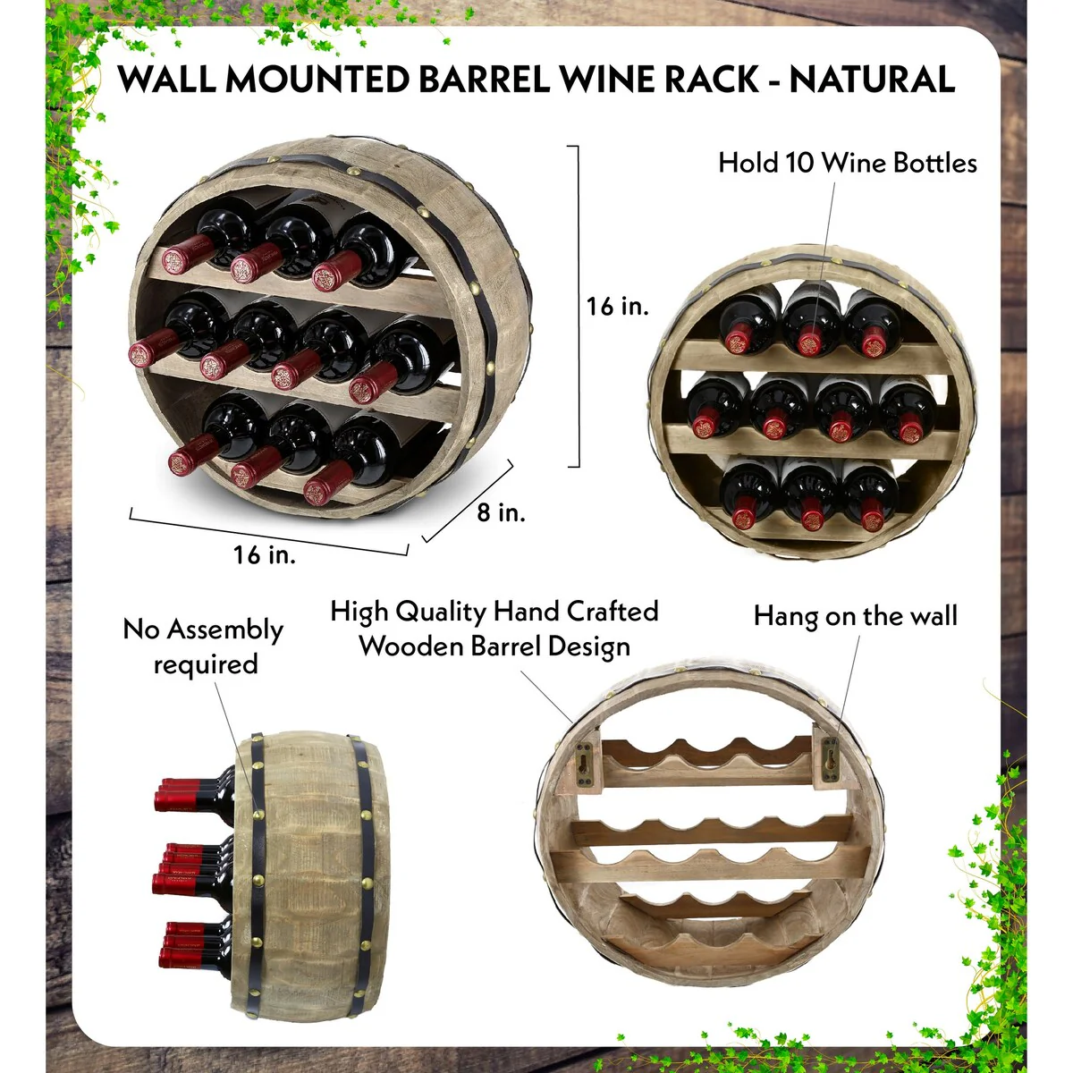 CoTa Global Barrell Wine Rack - Natural Wood Industrial Wall Mounted - 16″Lx16″Wx8″H