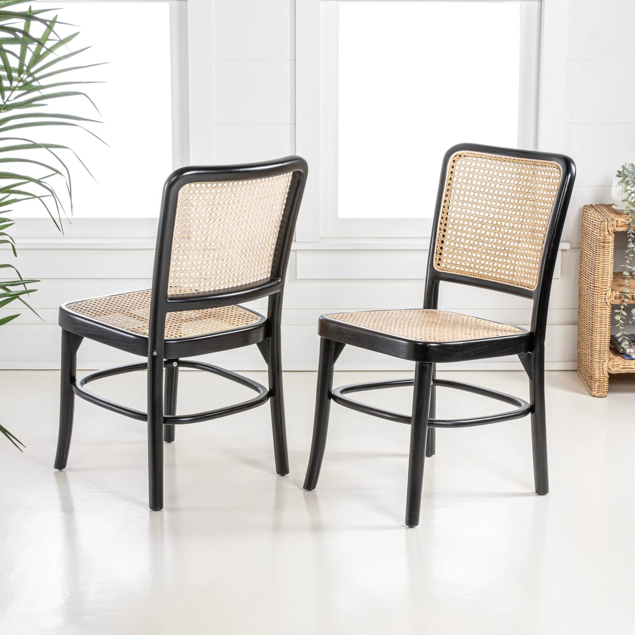 Colmar Mid-Century Vintage Wood Rattan Dining Chair, Black/Natural (Set of 2)