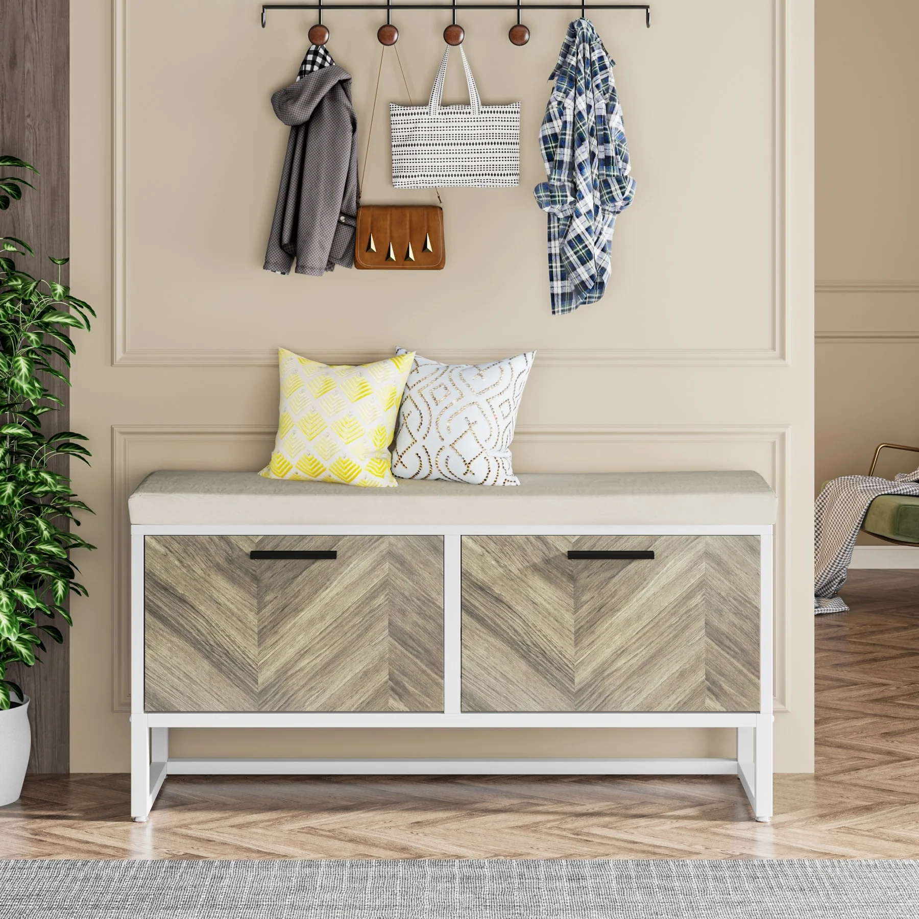 Shoe Storage Bench with Cushion, Entryway Shoe Bench with 2 Flip Drawers