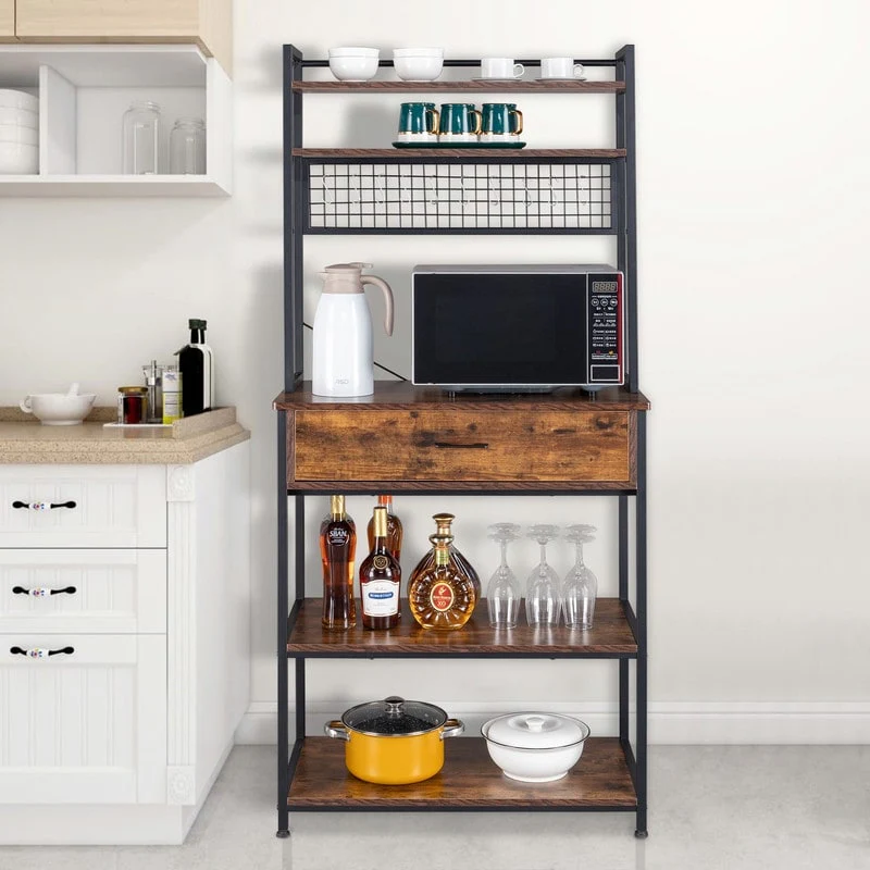 5-Tier Kitchen Bakers Rack with 10 S Hooks and 1 drawer Rustic Brown