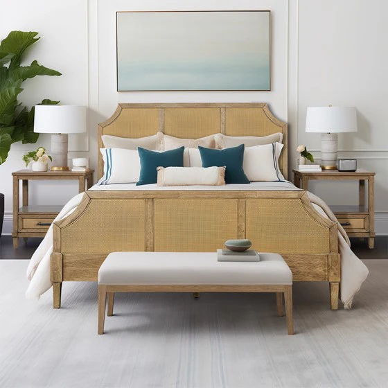 Queen Size Cane Platform Bed with Headboard and Footboard