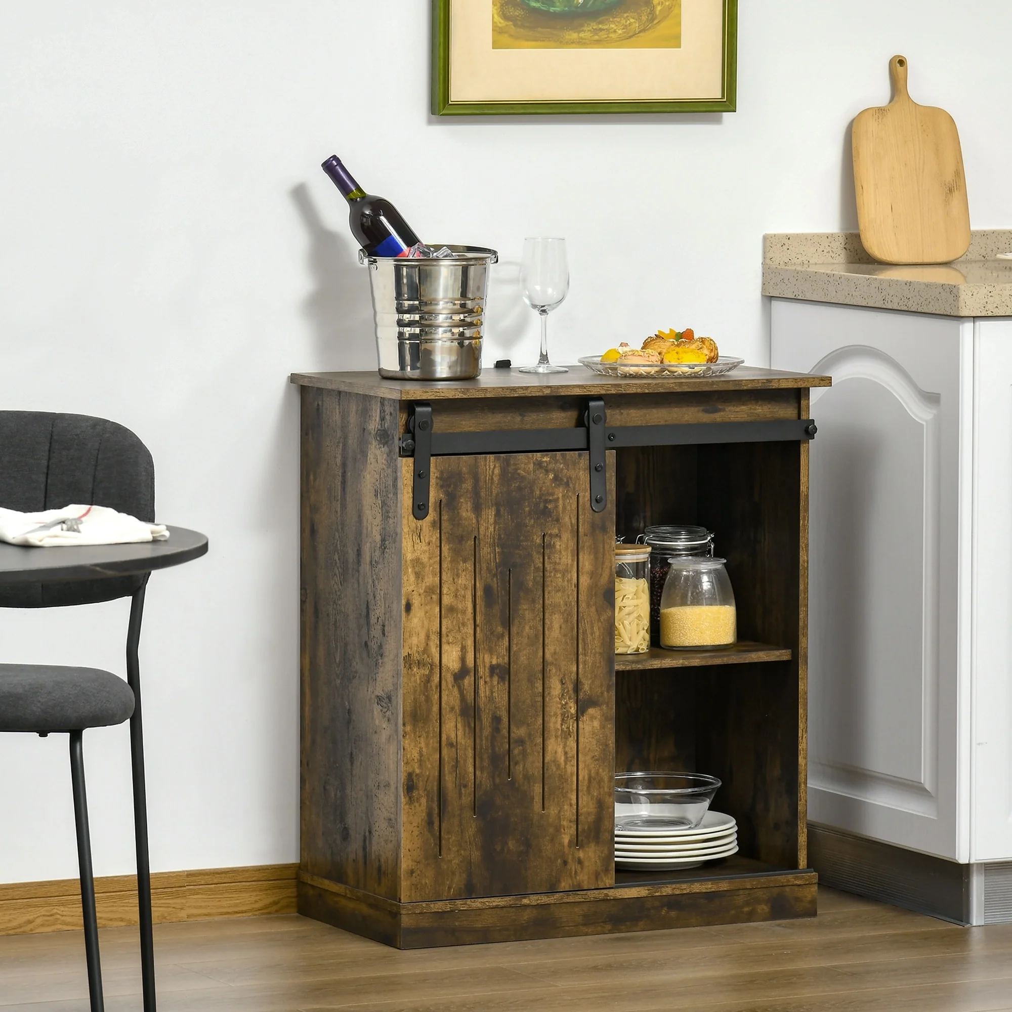 HOMCOM Industrial Sideboard Storage Cabinet, Serving Bar Buffet with Sliding Barn Door and 6-Bottle Wine Rack