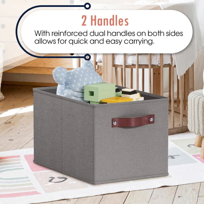 3 Pack Collapsible Shelf Basket Rectangle Storage Bins with Faux Leather Handles