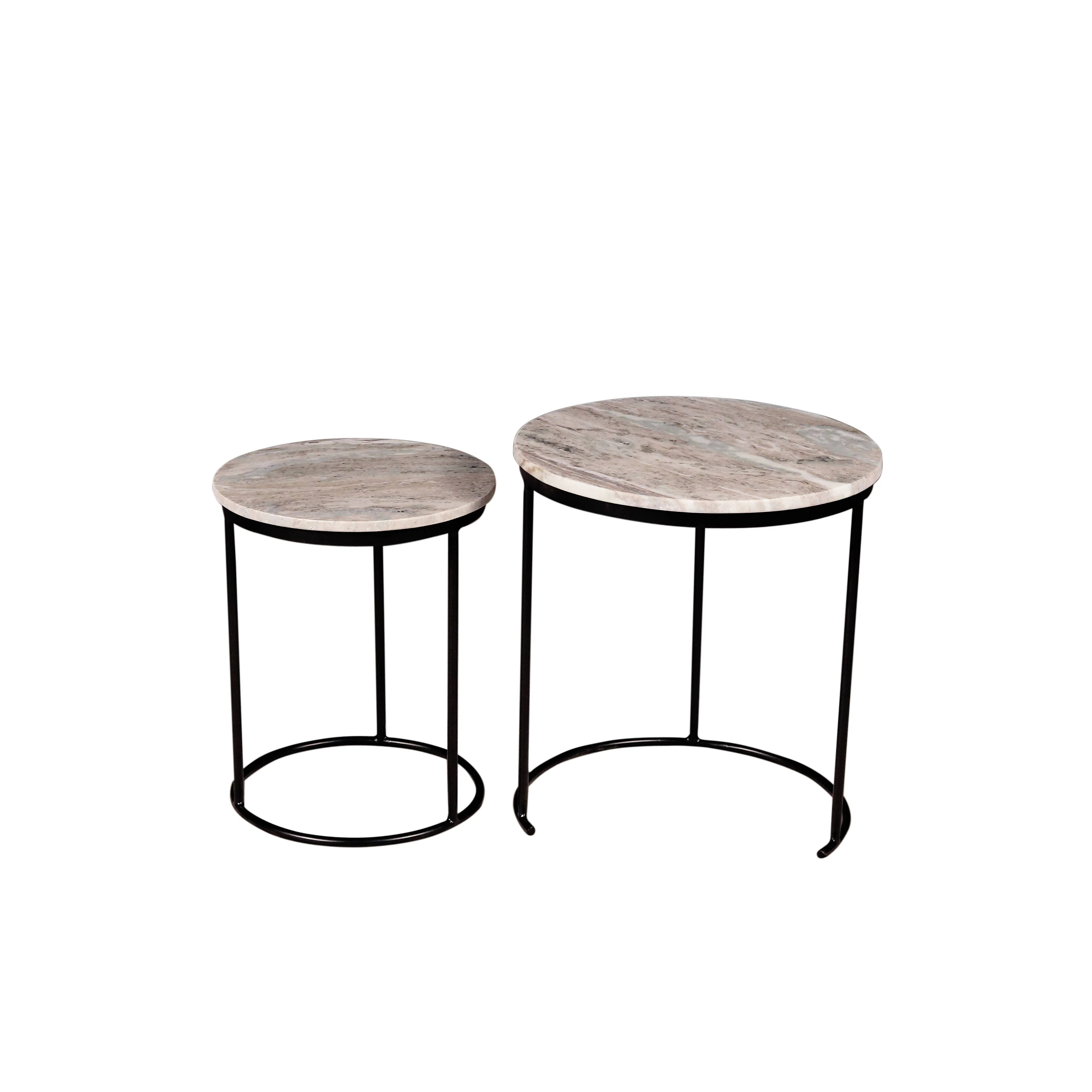Marble Nesting Coffee Table With Black Metal Frame, Set of 2