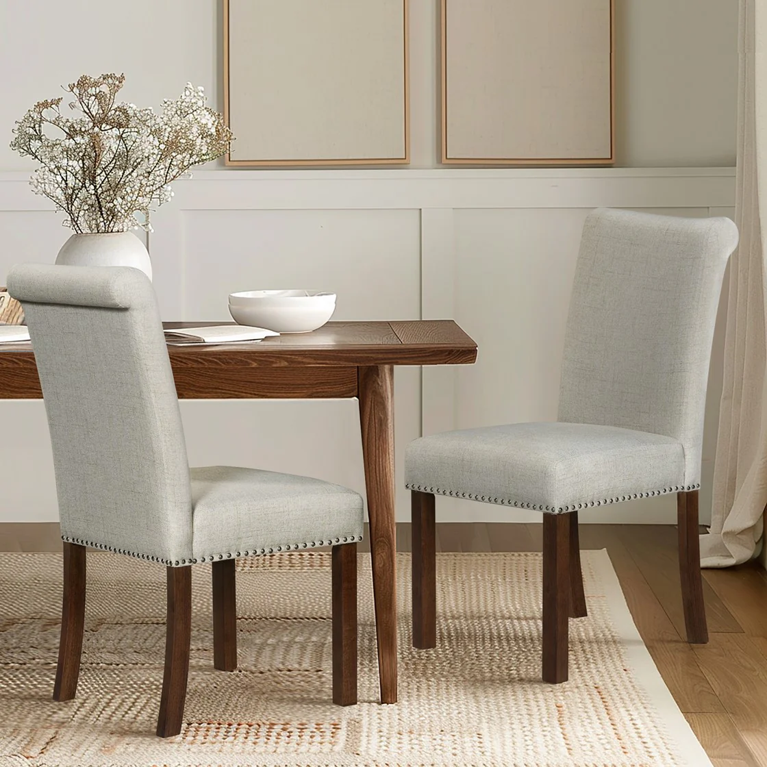 Upholstered Dining Chair with Nailhead Trim and Rolled Back, Set of 2