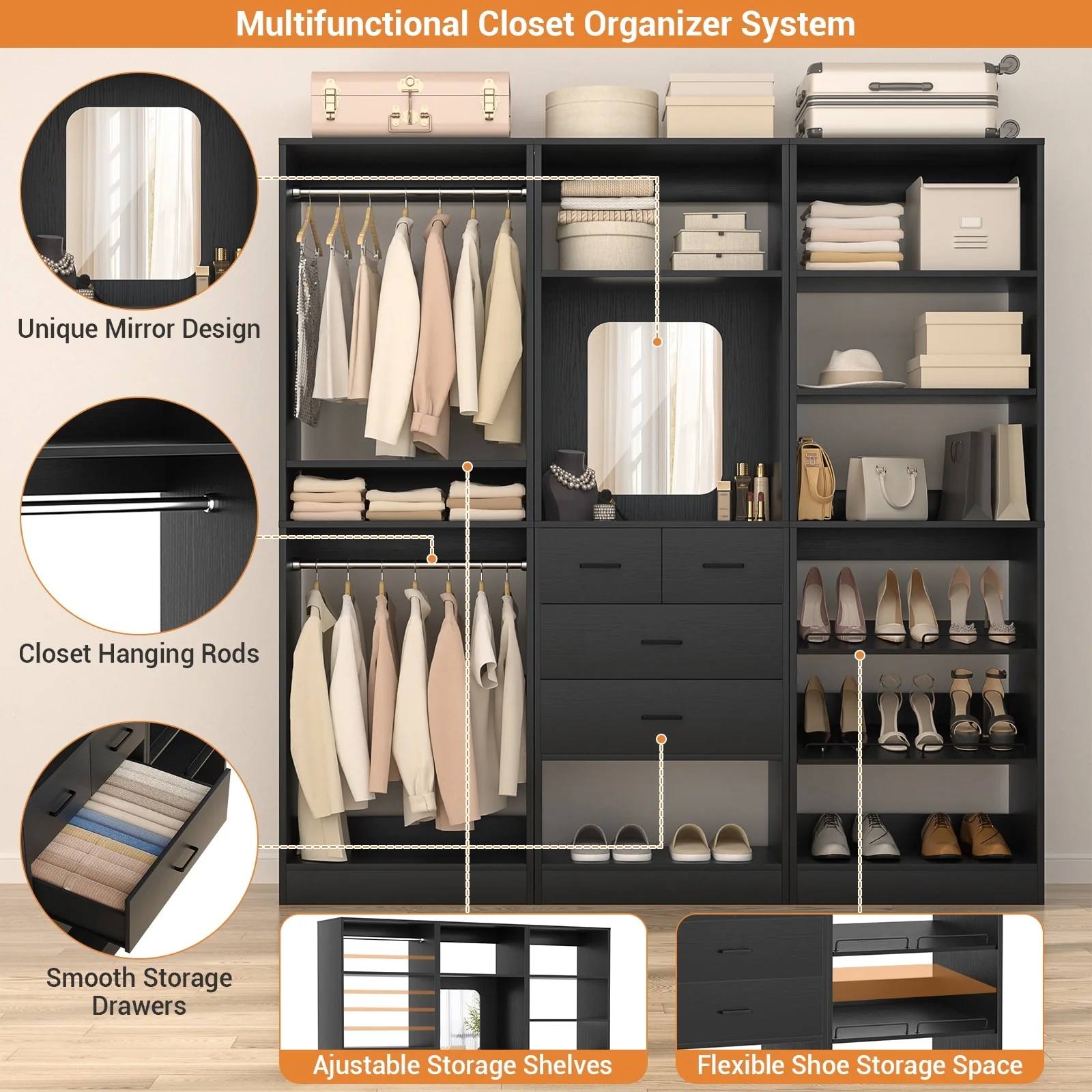 Cimly Set of 3 Freestanding Closet System with Drawers and Shoe Racks, 75'' Closet Organizer with Hanging Rods and Mirror