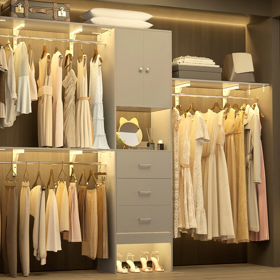 20''-96'' Wide Wooden Closet Organizer With Doors, Adjustable Closet System with Drawers and Hanging Rods