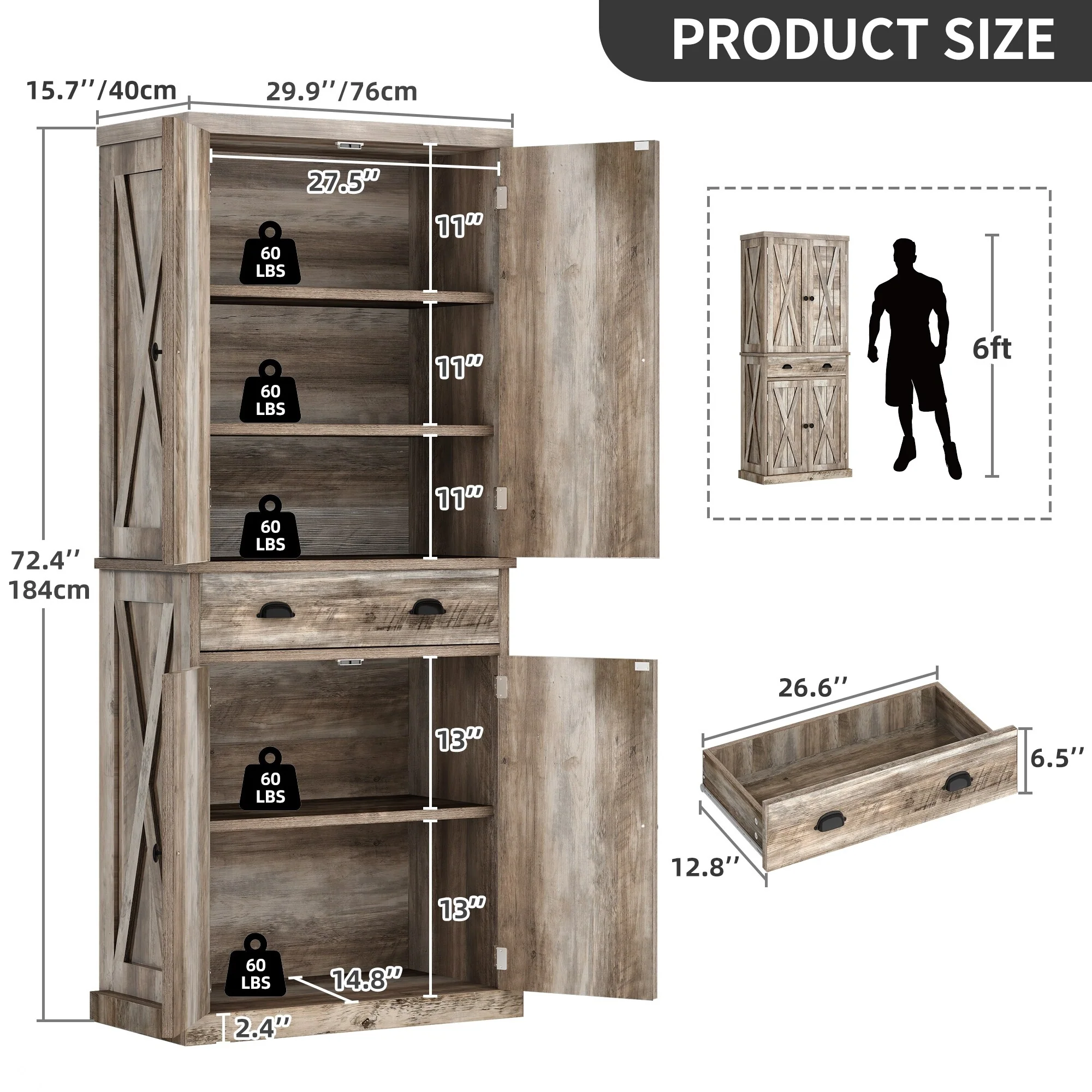 Moasis Farmhouse Traditional Freestanding Kitchen Pantry Storage Cabinet Cupboard