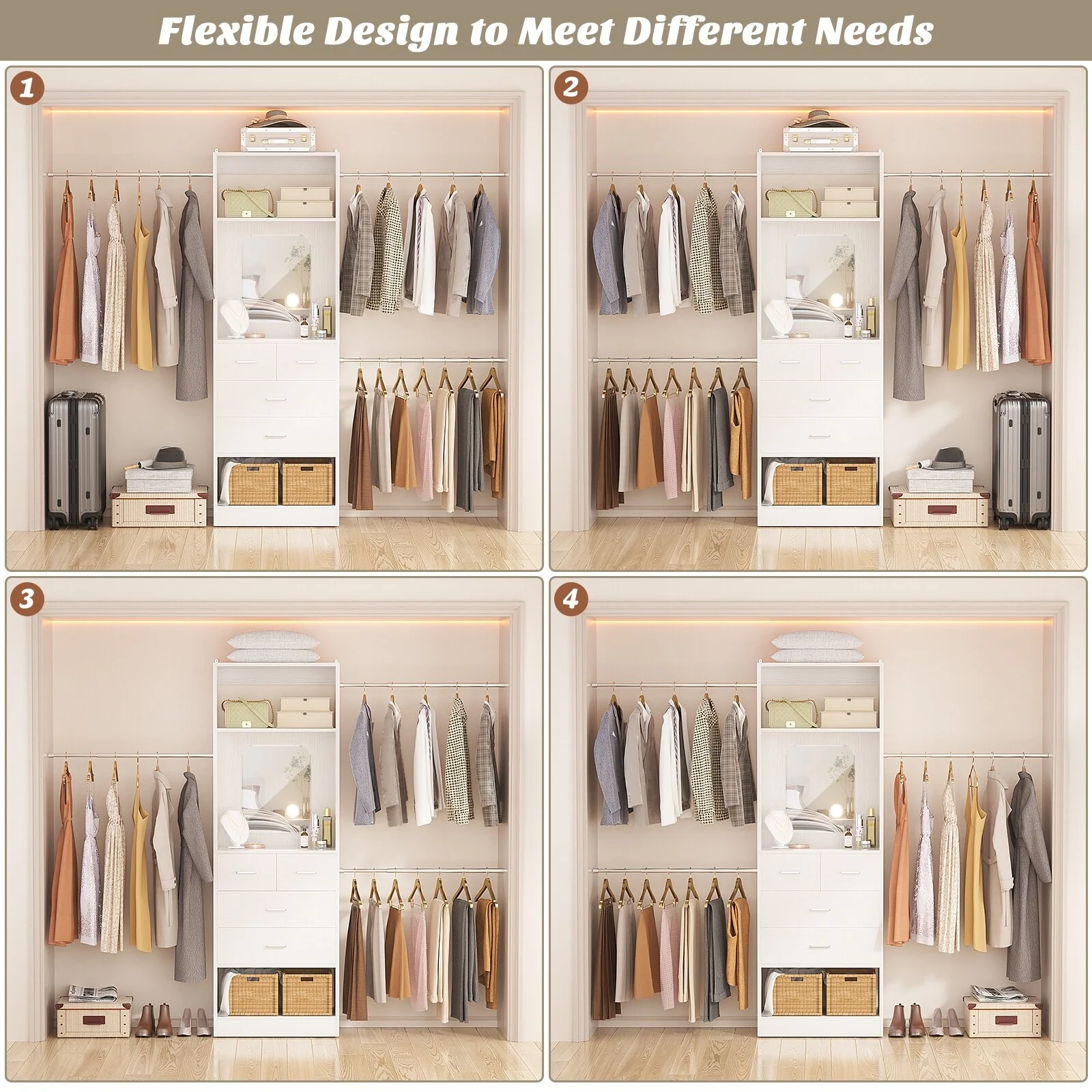 96'' W Closet System with Mirror, 8FT Walk-in Closet Organizer Kits with 4 Wooden Drawers ＆ 3 Extendable Hanging Rods