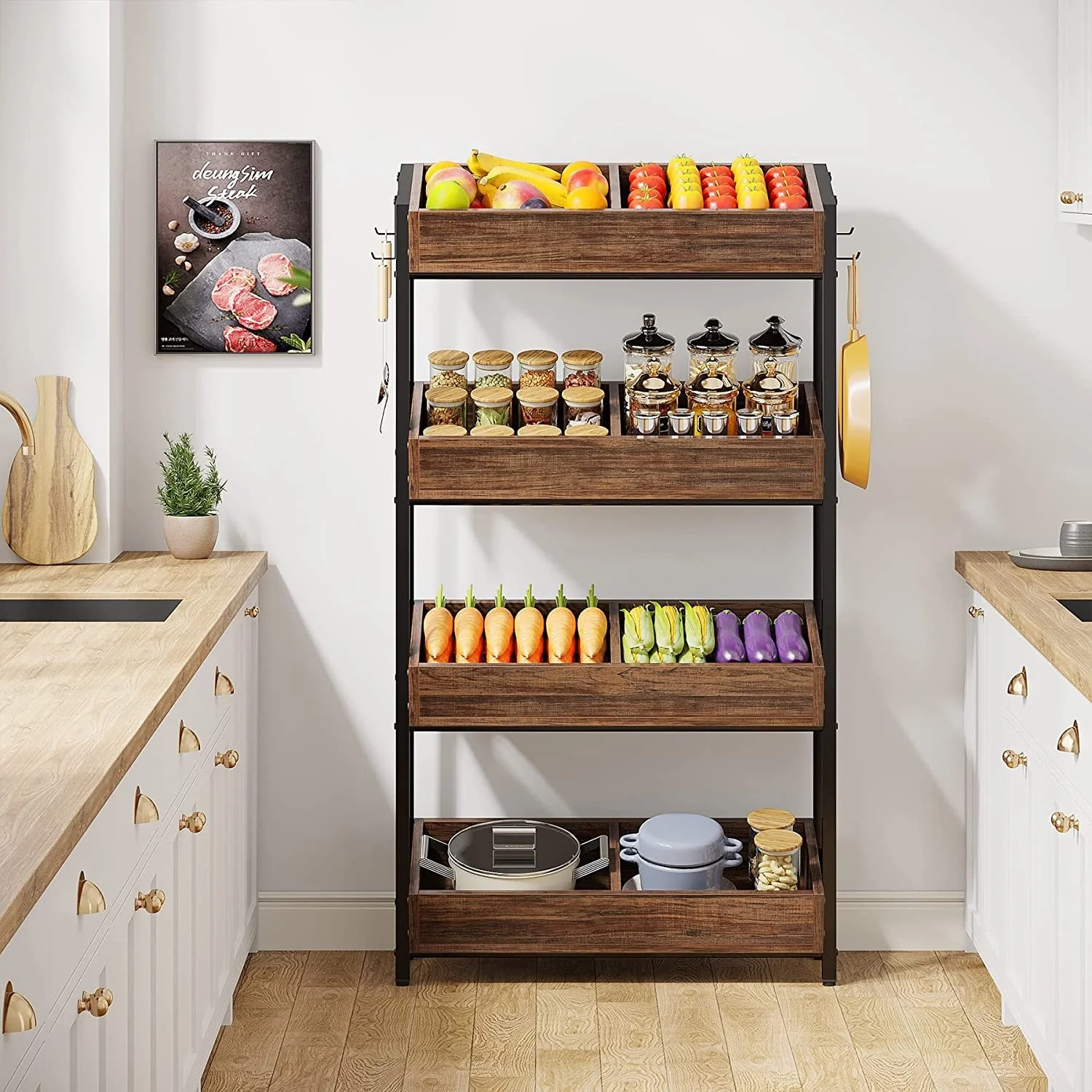 4-Tier Wood Fruit Vegetable Storage Rack Stand Stackable Fruit Basket Organizer Rack for Kitchen