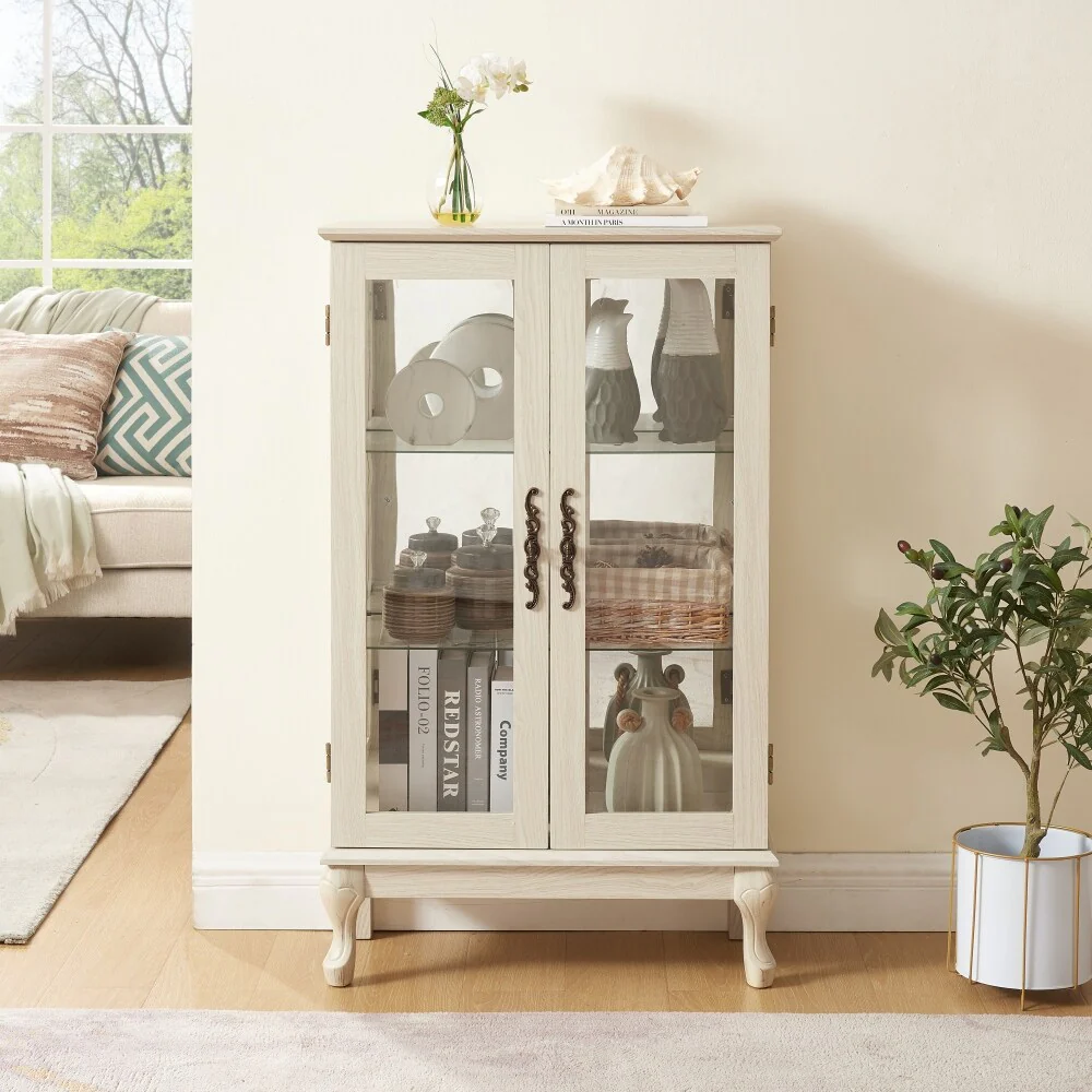 Curio Cabinet with Tempered Glass Doors and Adjustable Shelves Light Bulb Included