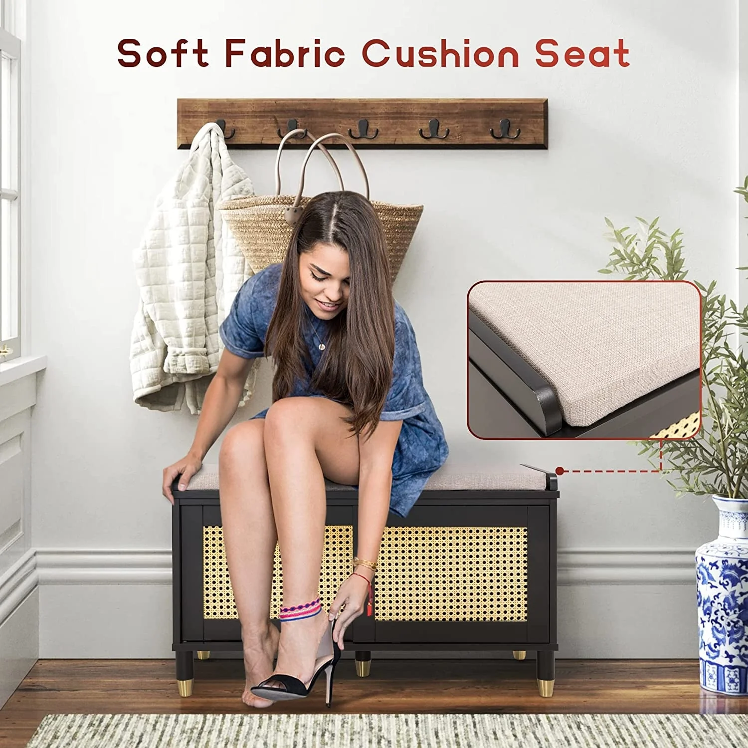 Shoe Storage Bench Cabinet Rattan Style Shoe Cabinet for Entryway