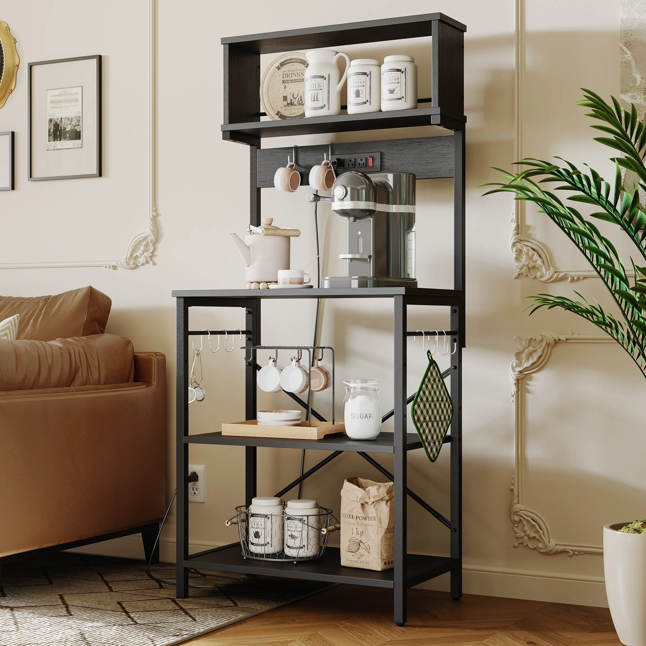 60 Inch Kitchen Baker's Rack with Hutch 8 Side Hooks