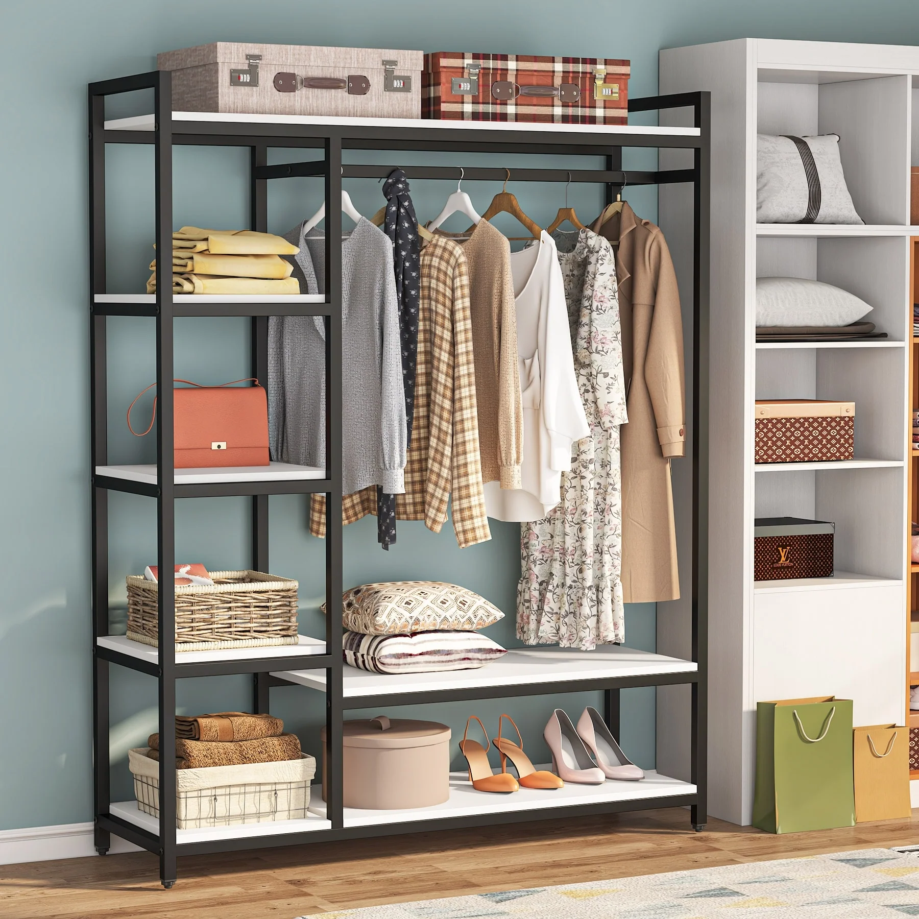 79 inche tall Freestanding Clothes Closet, Garment Rack with Shelves and Hanging rod clothing closet