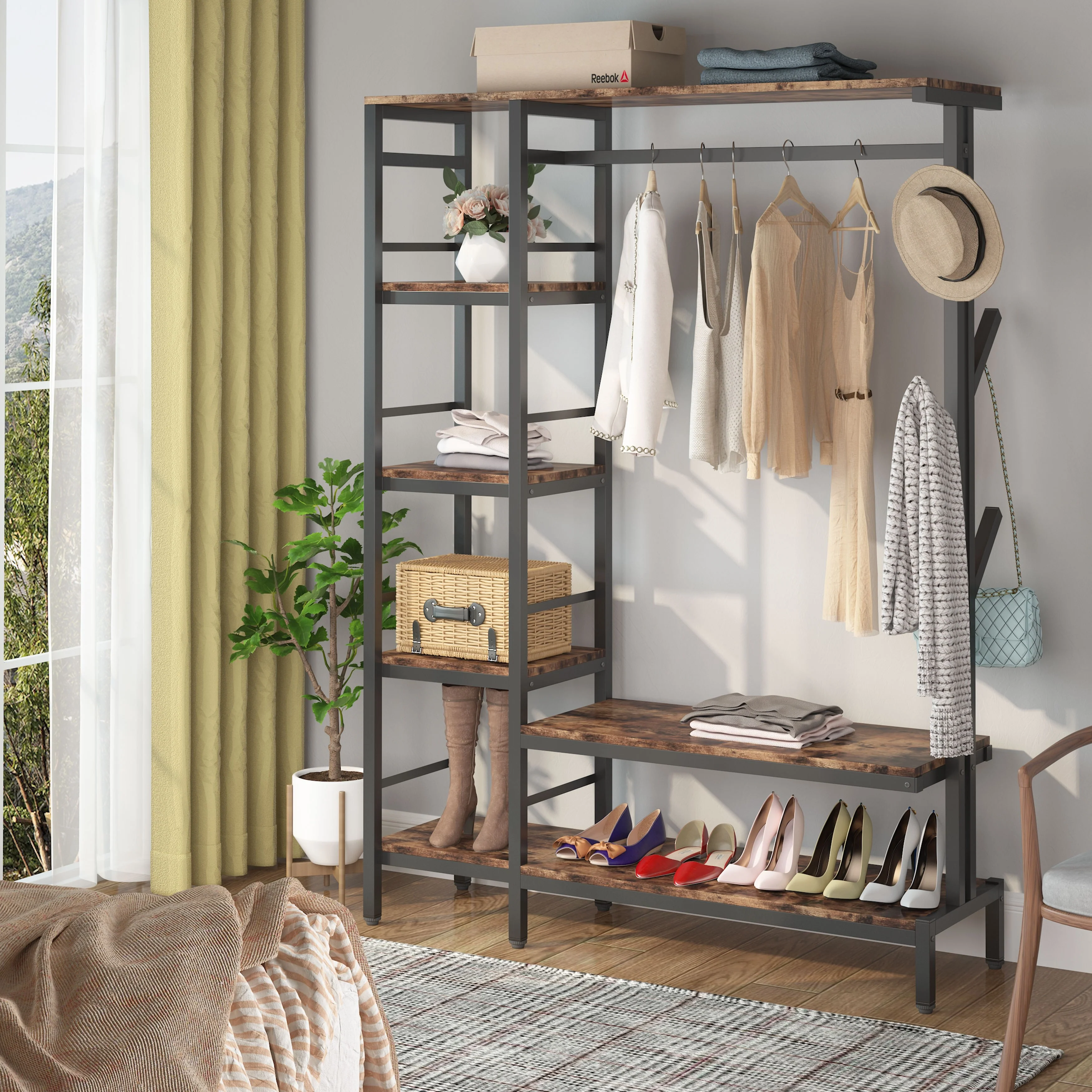 Free-standing Closet Organizer with Hooks, Garment Rack, Coat Rack with Shoe Bench