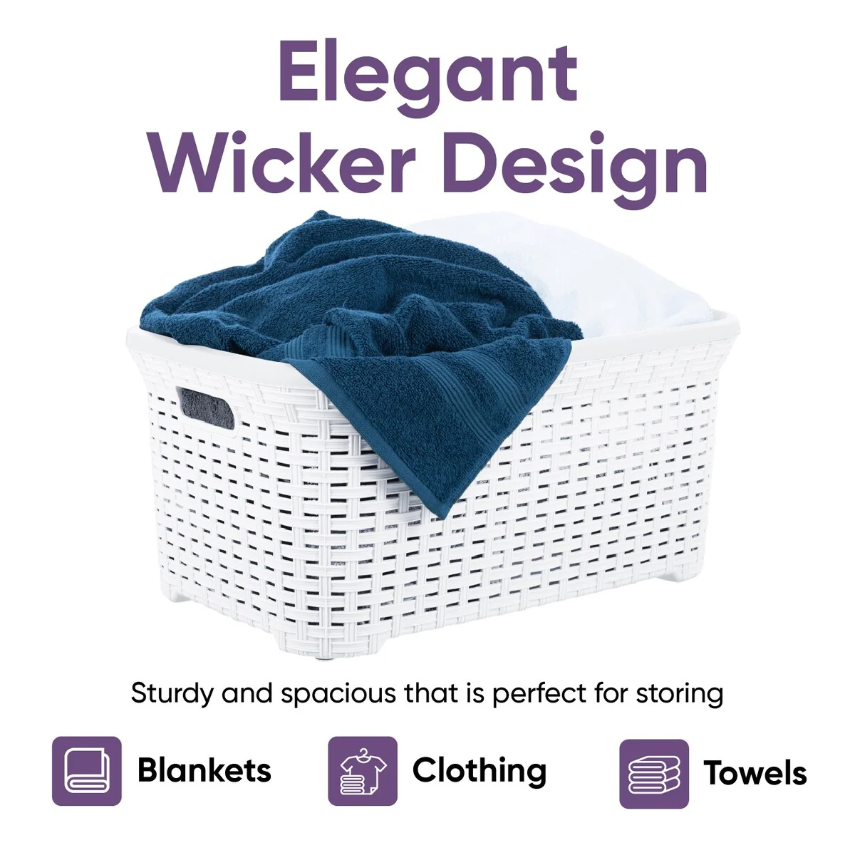 Superio Large Wicker Laundry Basket with Cutout Carry Handles - Capacity: 50l