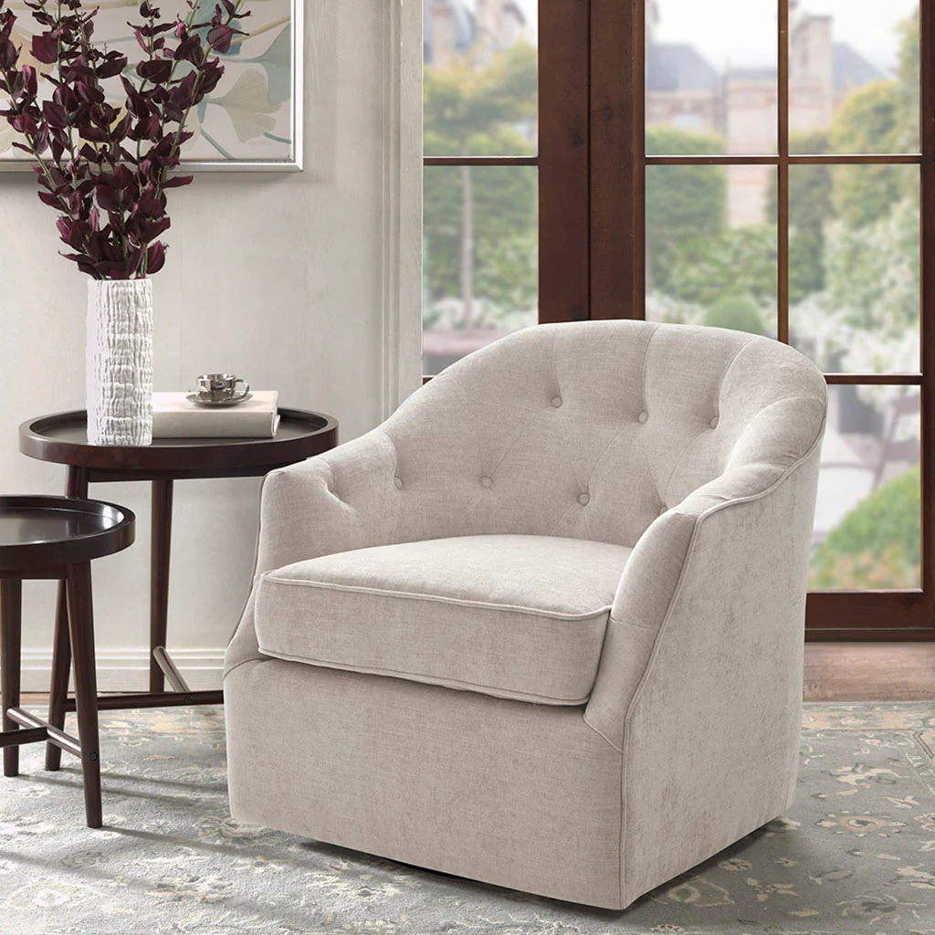 Awakened Swivel Chair with Button Tufted Back and Flared Arms