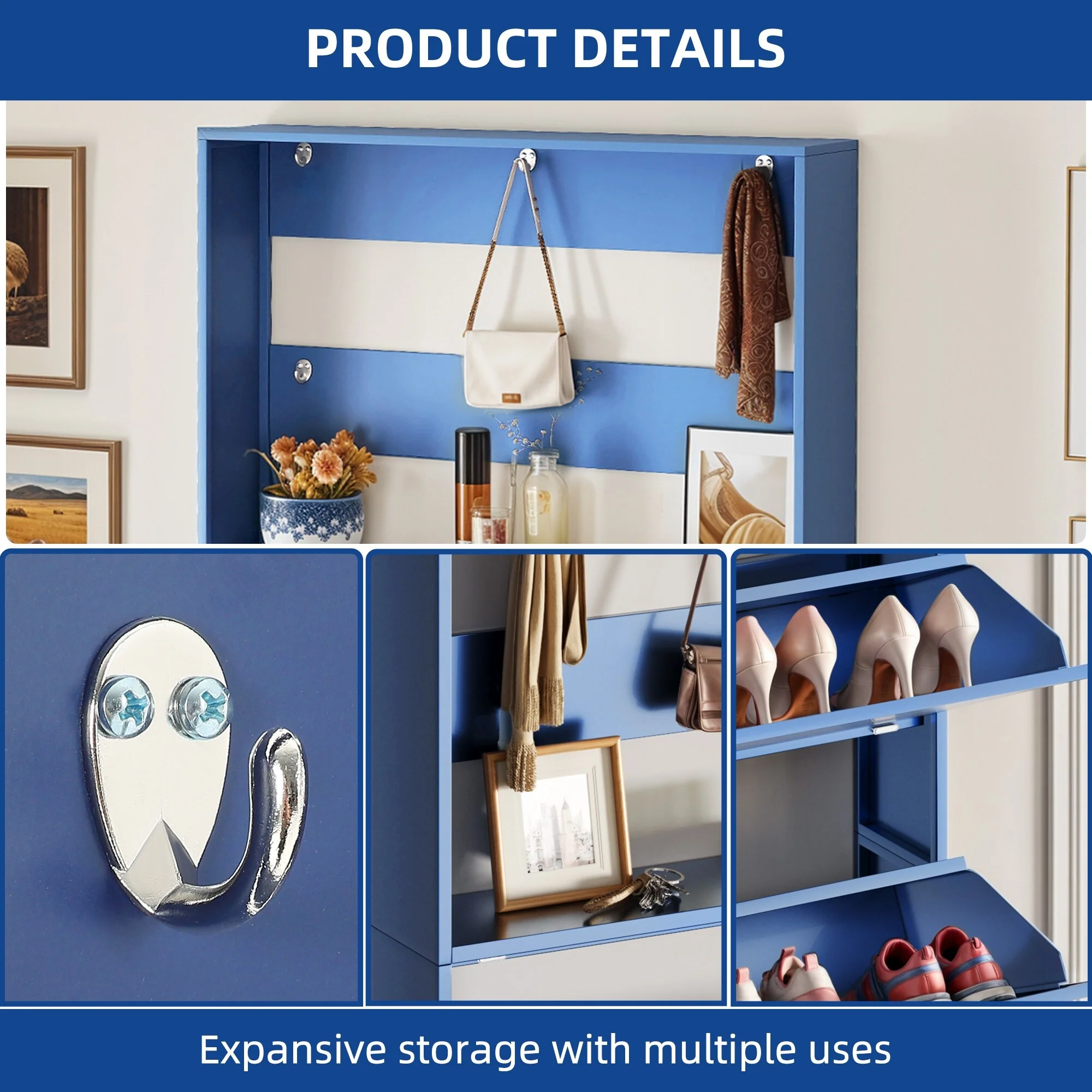 Moasis Wall-Mounted Shoe Cabinet with 3 Flip Drawers, Shoe Organizer with Hanging Bars and Hooks