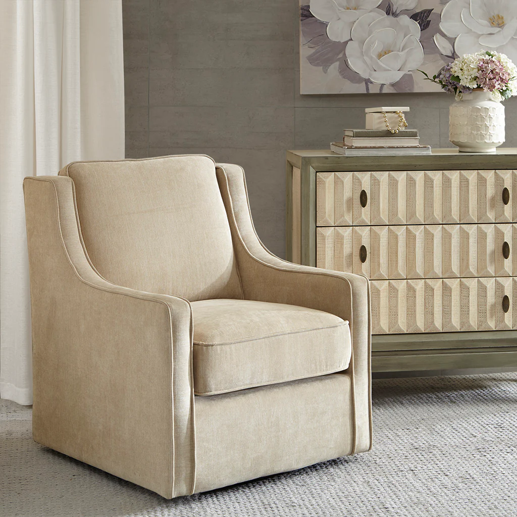 Upholstered Swivel Chair with Curved Armrest and Metal Base