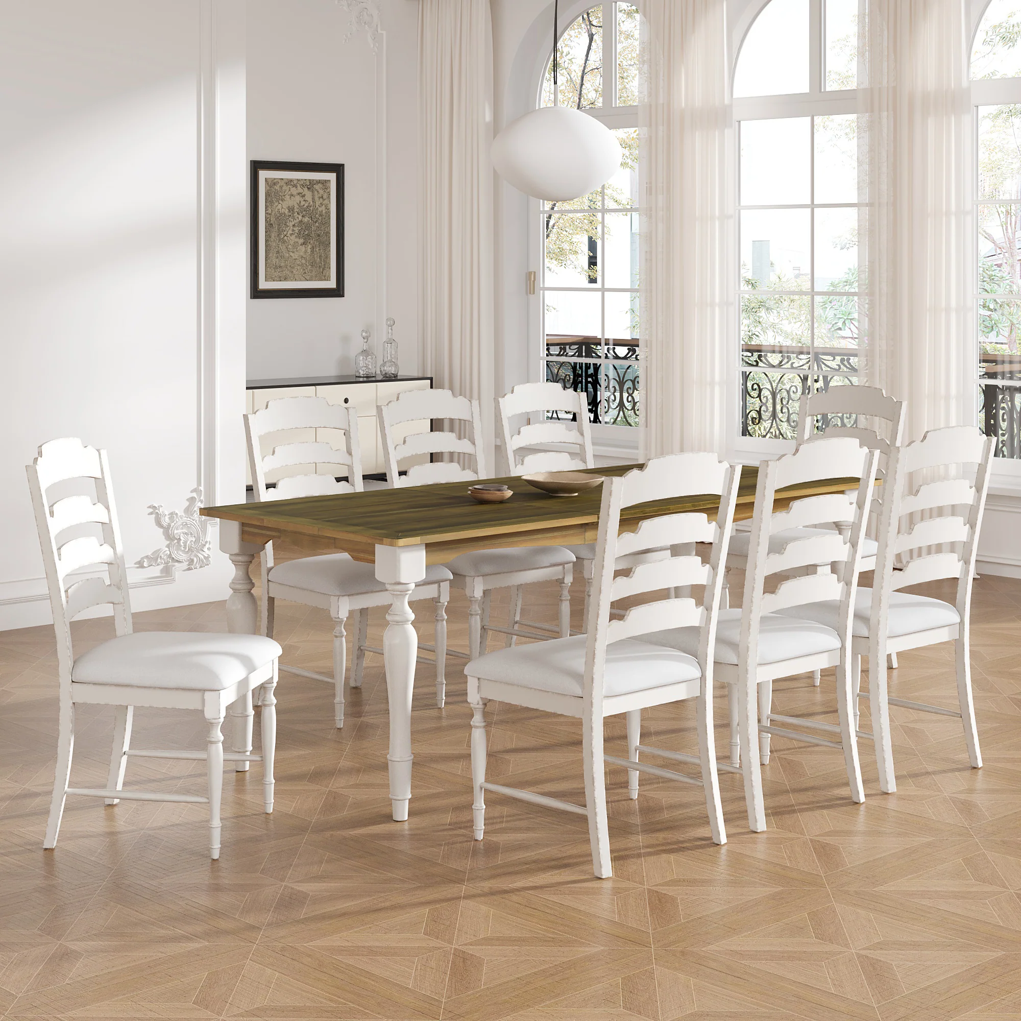 Foreverx 9-Piece Dining Set with Removable Leaf Table and 8 Upholstered Dining Chairs