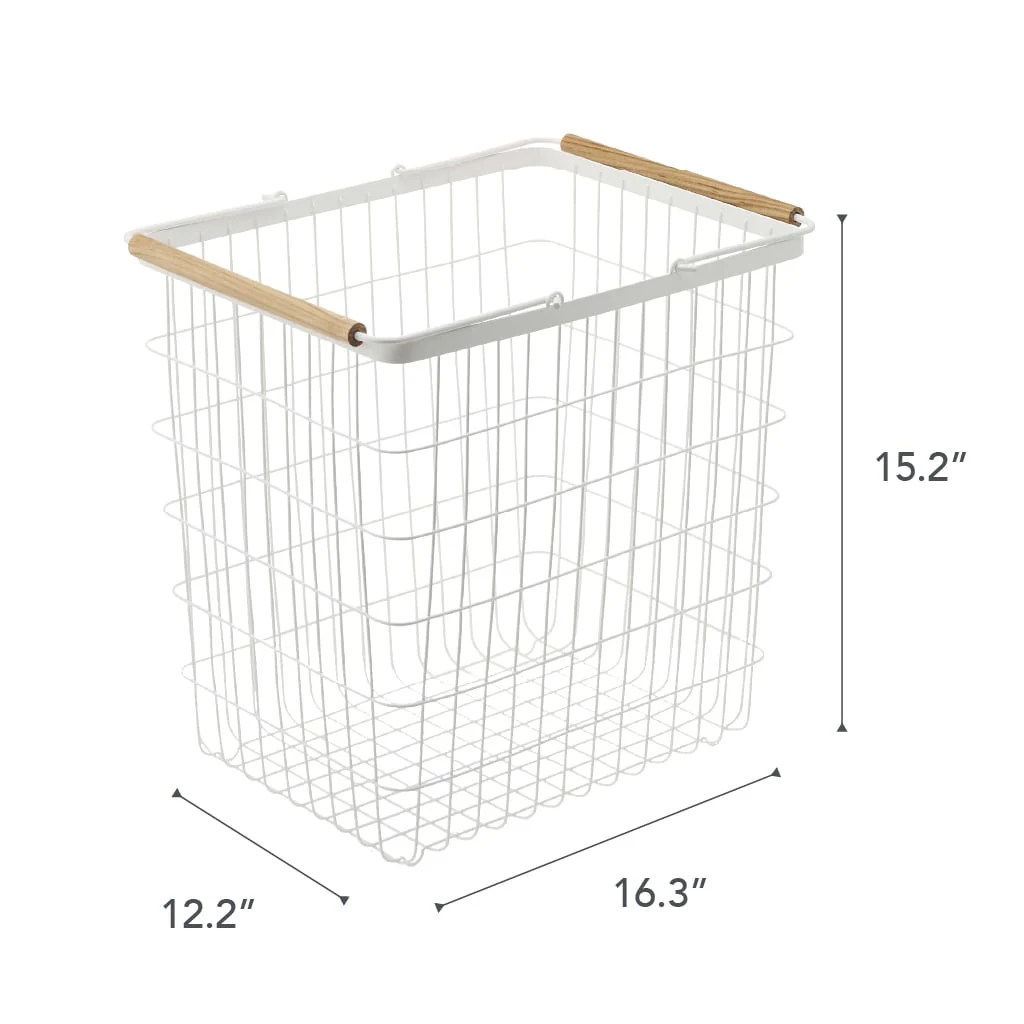 Yamazaki Home Wire Basket - Two Sizes, Steel and Wood, Large, 8.7 gallons, 33 liters, Holds 8.8 lbs - Large