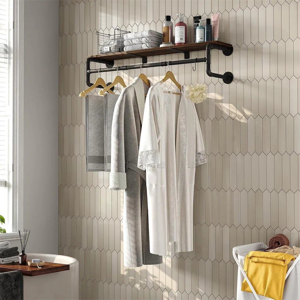 Industrial Pipe Garment Rack with Wood Shelf Wall Mounted Clothing Rack