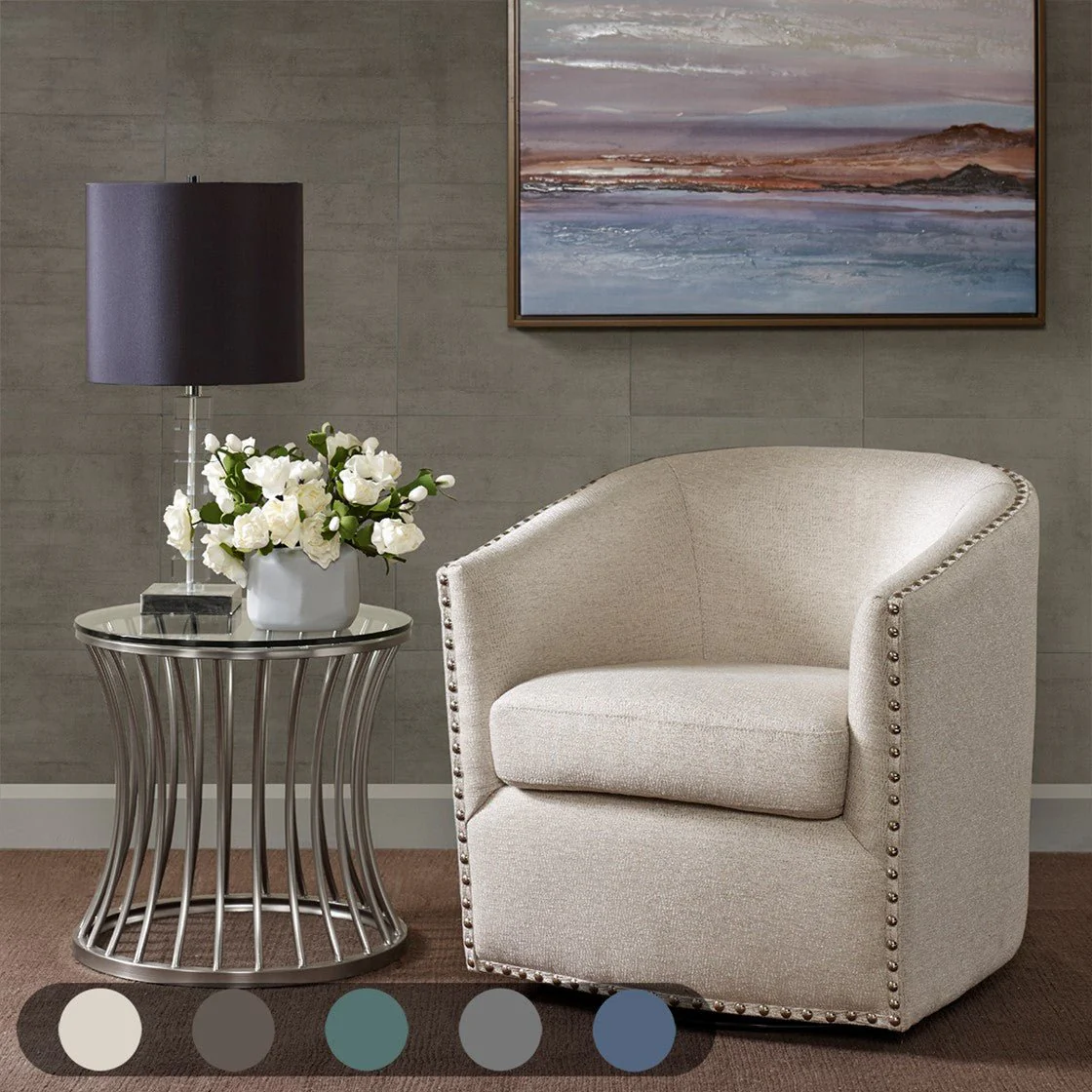 Fantasyy Upholstered Swivel Chair with Nailhead Trim and Curved Design