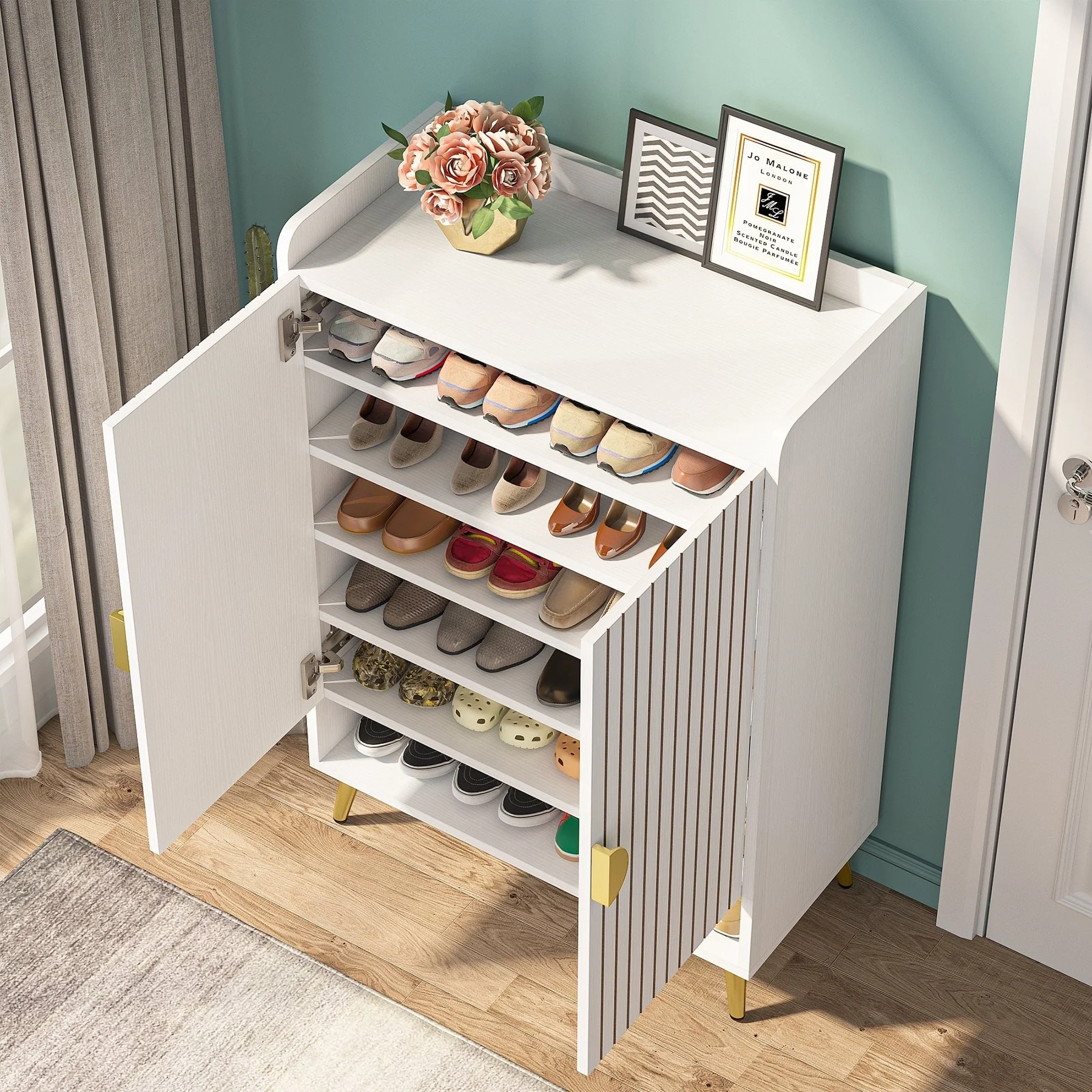 Shoe Cabinet with Doors, Entryway Shoe Storage Cabinet with Adjustable Shelves - 29.6