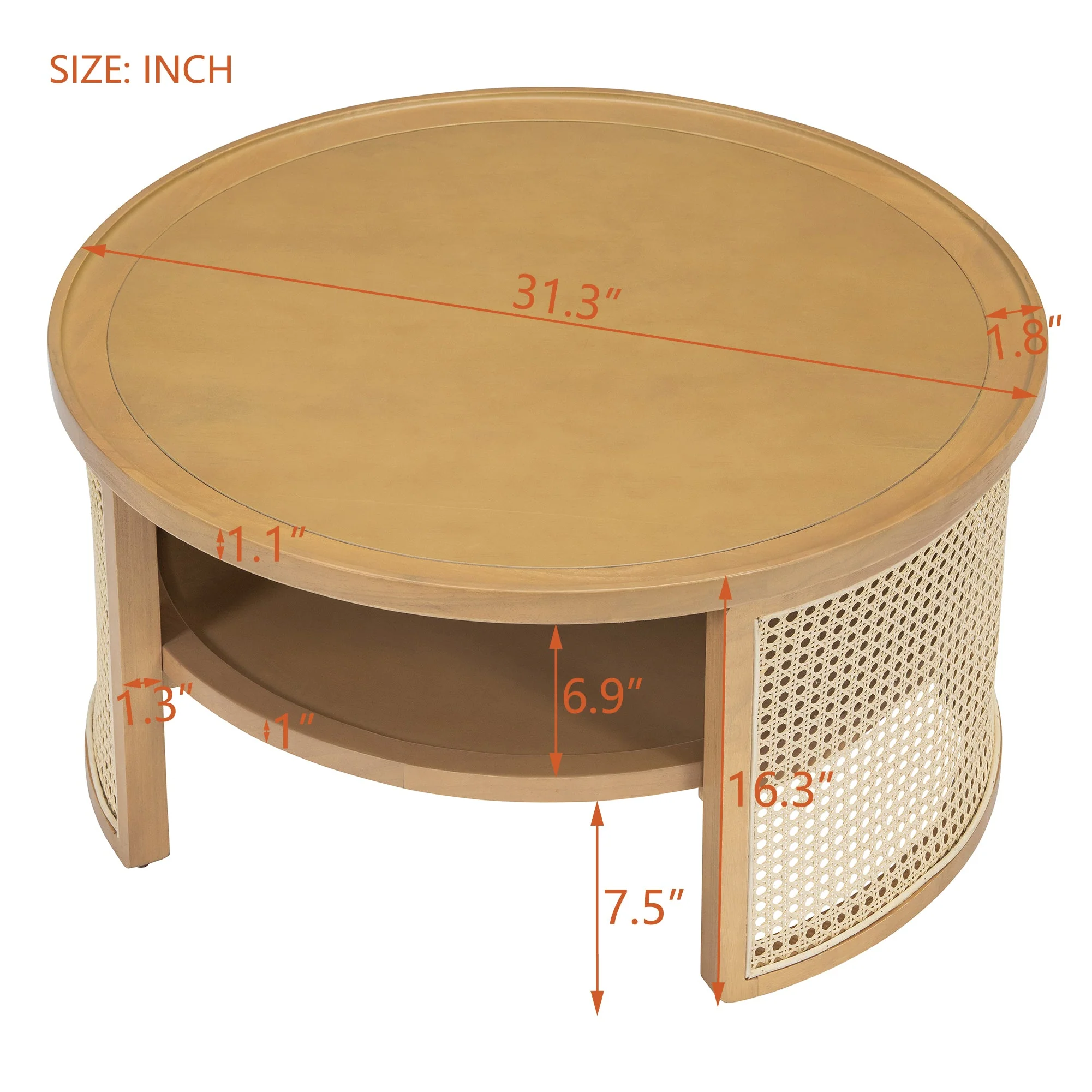 Wintered 2-Tiered Coffee Table with Rattan Base and Curved Edge Design