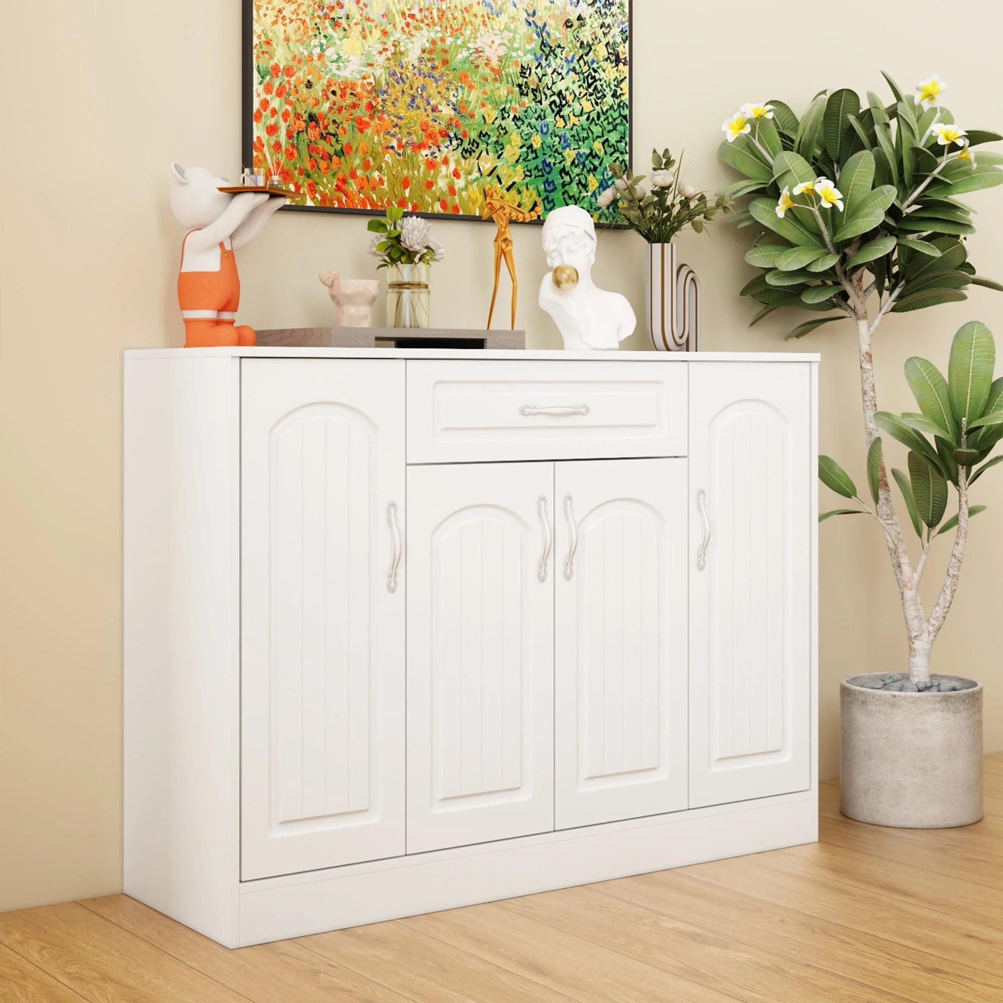 Multi-Functional White Shoe Cabinet with Adjustable Shelves Entryway