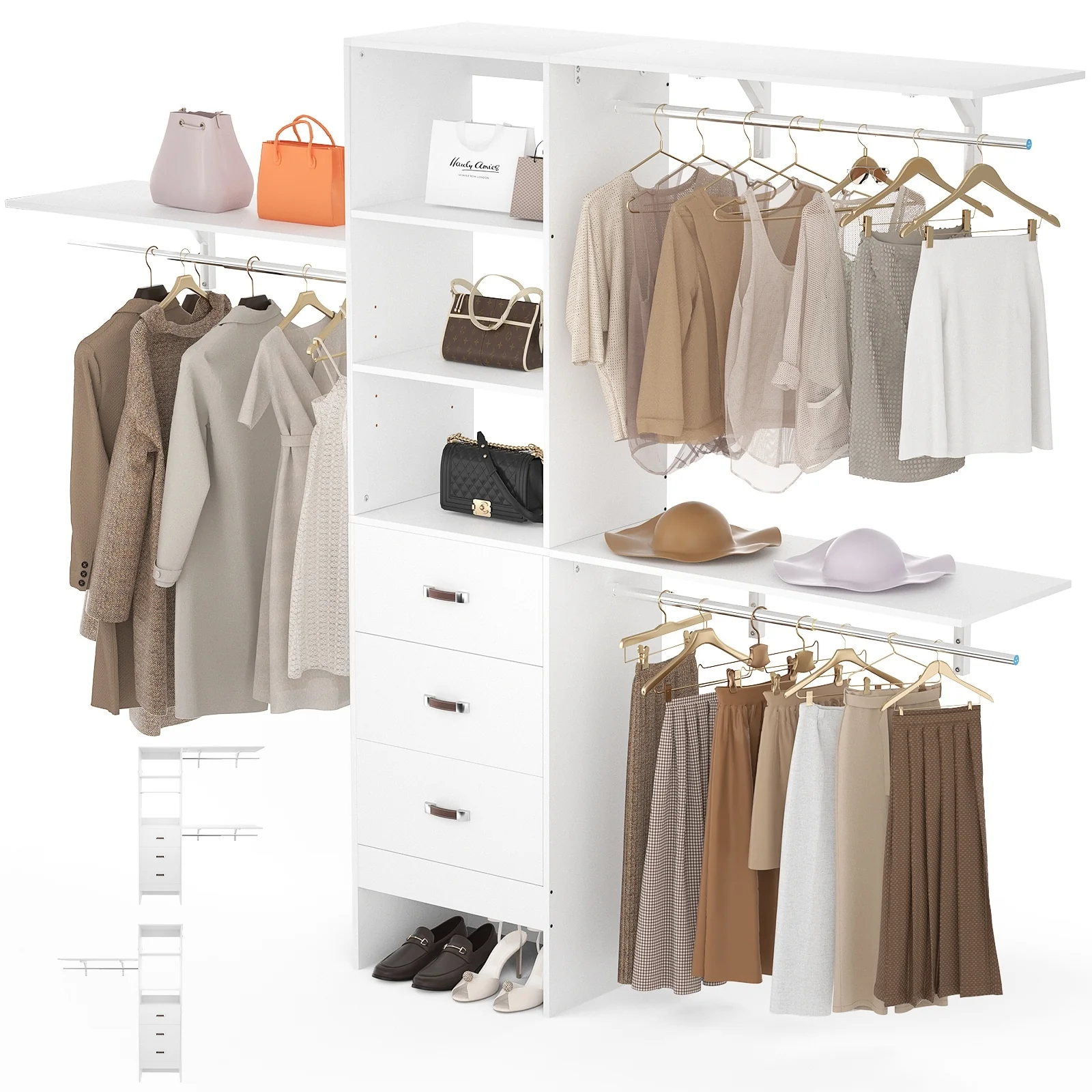 Rackcog 120'' Closet Organizer with Drawers, Closet System with DIY Shelves for Reach-in and Walk-in Closet