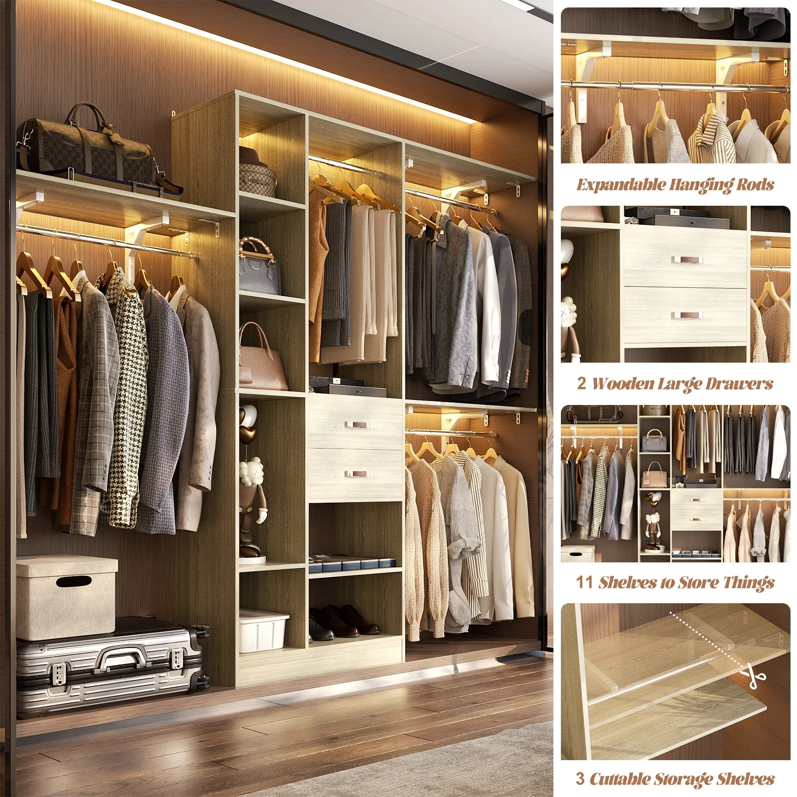 31.5'' to 96'' W Closet Organizer System with Drawers and Tower Shelves for Reach-in and Walk-in Closet