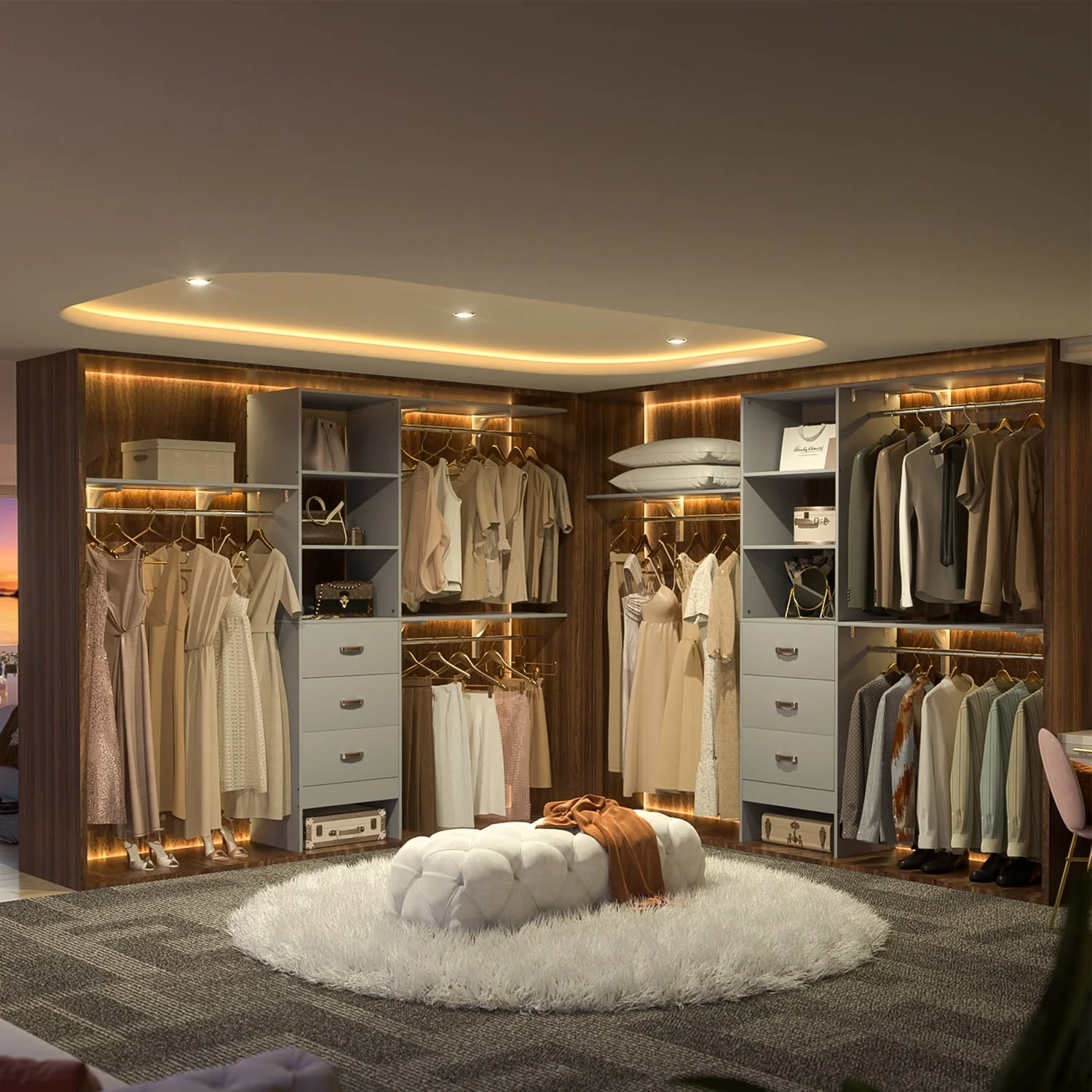 Rackcog 120'' Closet Organizer with Drawers, Closet System with DIY Shelves for Reach-in and Walk-in Closet