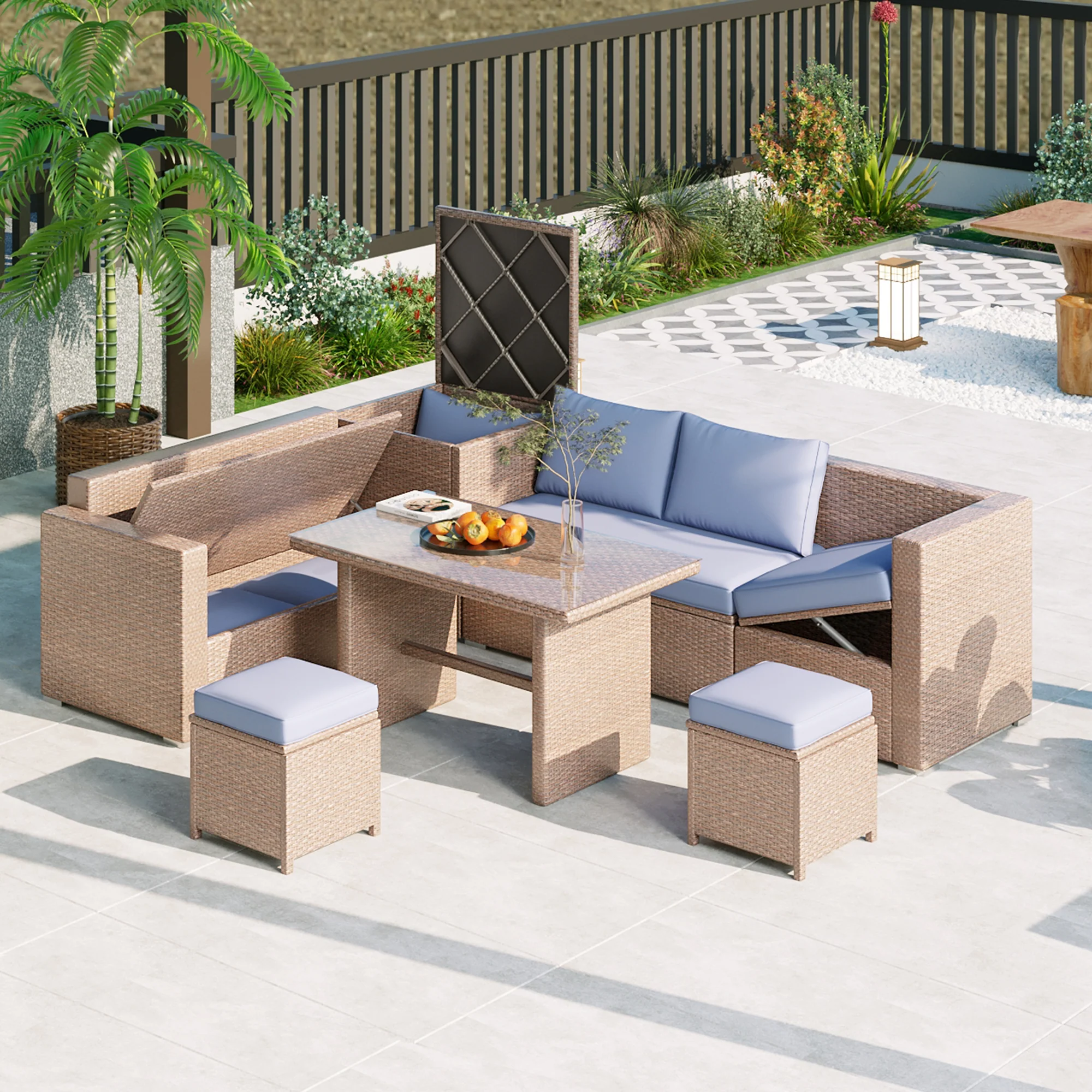 6-Piece Outdoor Rattan Sofa Set with Adjustable Seating, Glass Tabletop and Storage Box