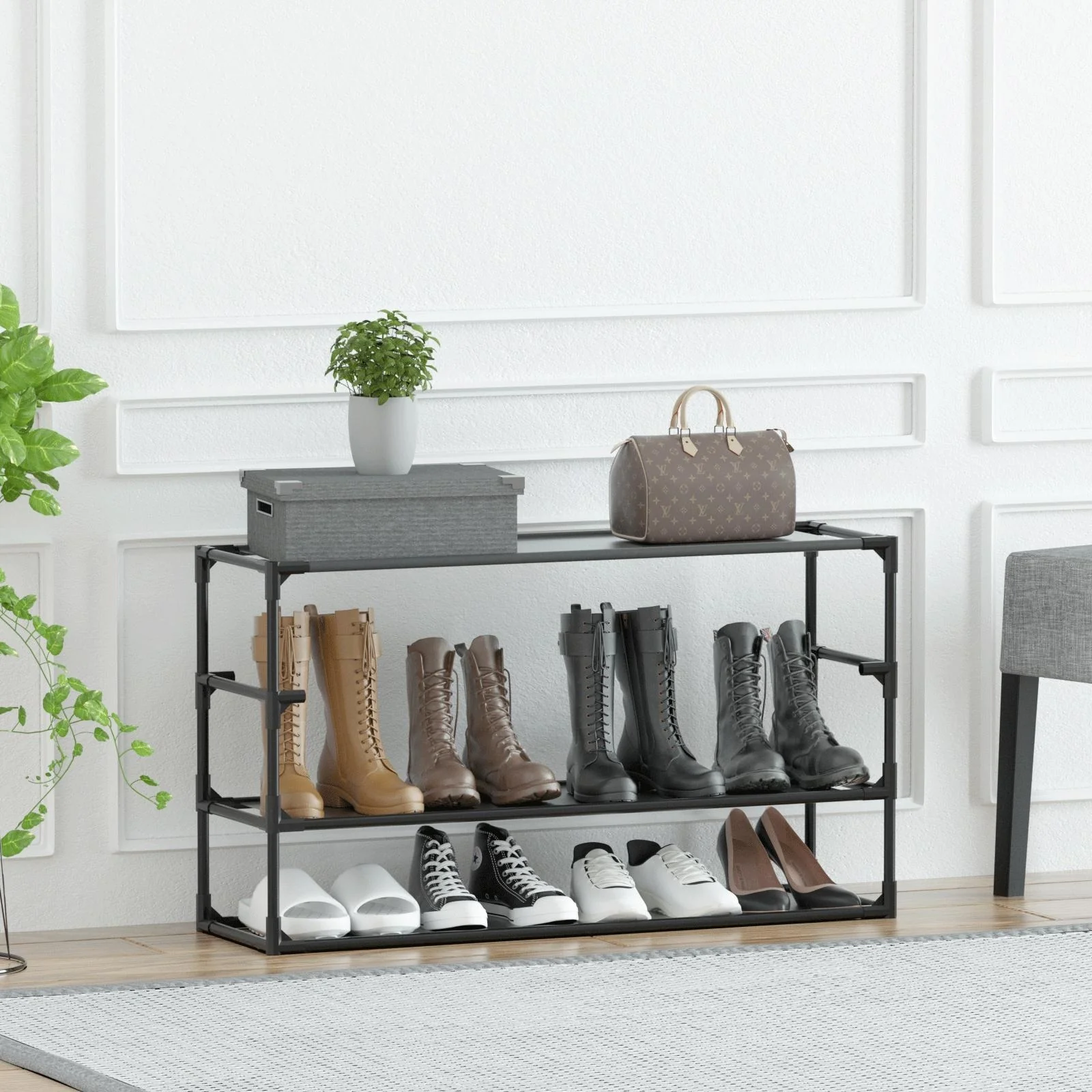 Shoe Rack Detachable Non-Woven Waterproof Fabric Shoe Organizer Tower Black Set of 2