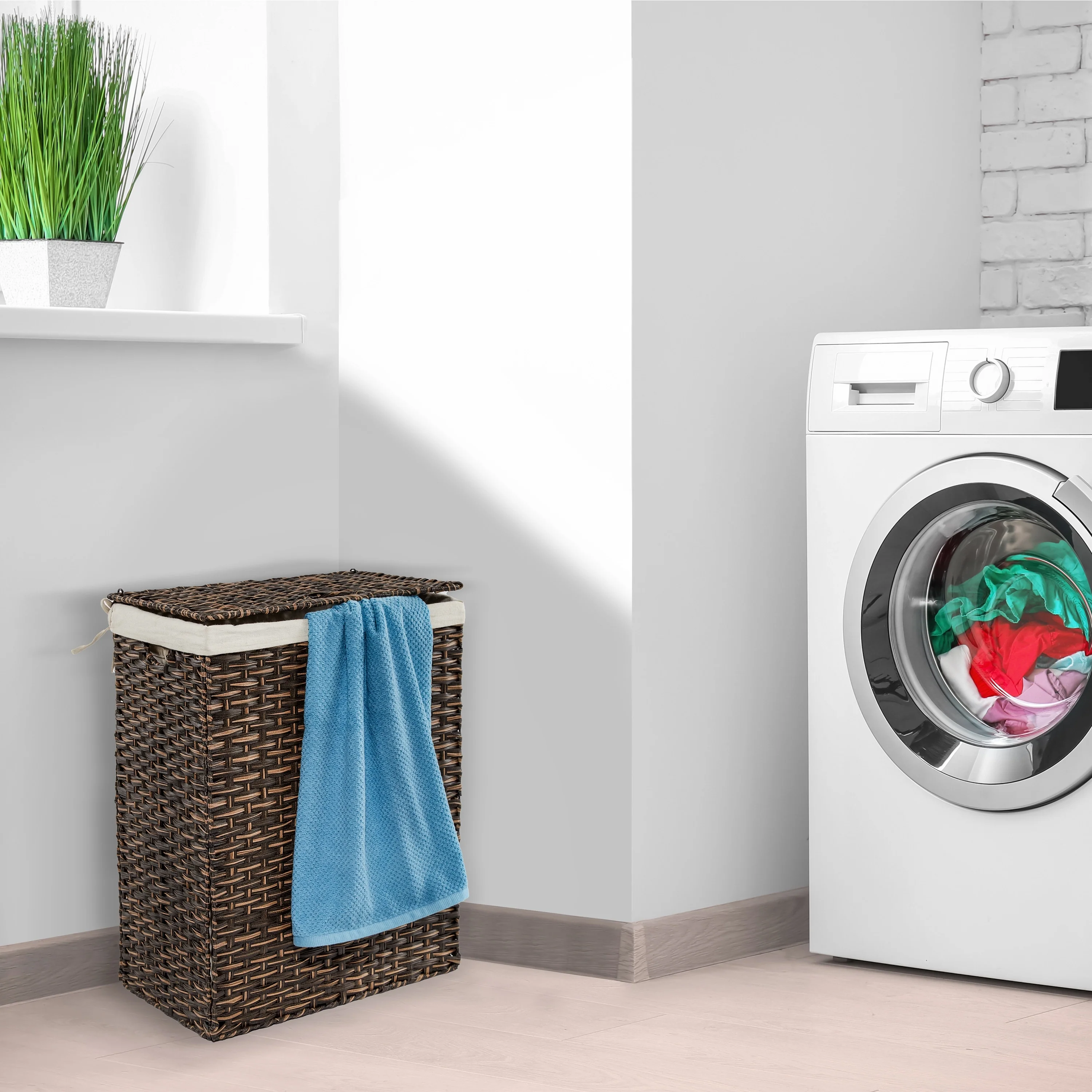 Seville Classics Lidded Foldable Portable Rectangular Laundry Hamper Basket with Washable Liner