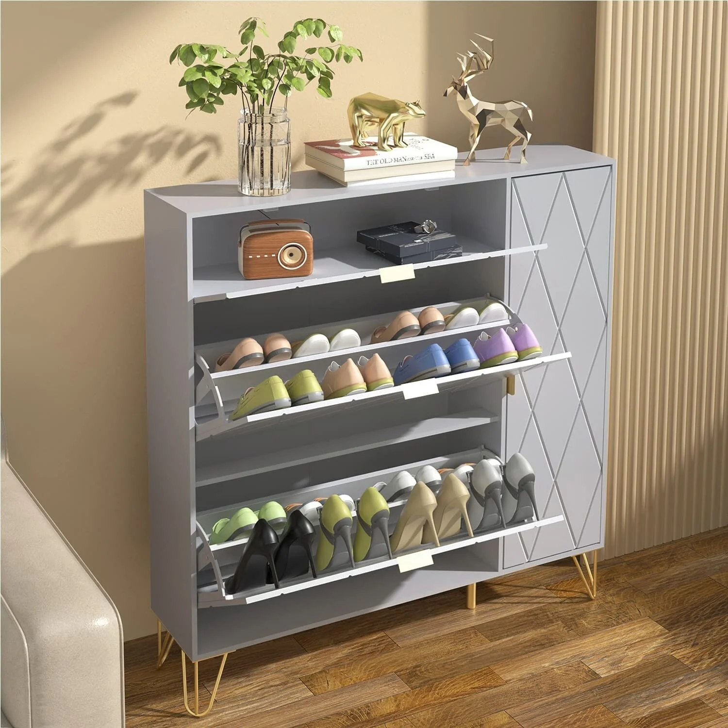 Shoe Cabinet with 3 Flip Drawers & Boot Rack Narrow Shoe Rack