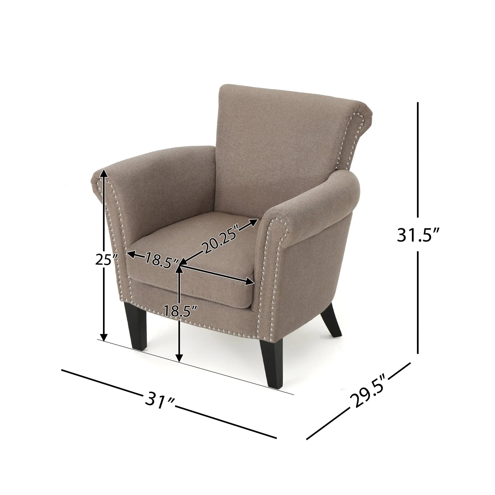 Upholstered Club Chair with Curved Design, Nailhead Trim and Rolled Armrests