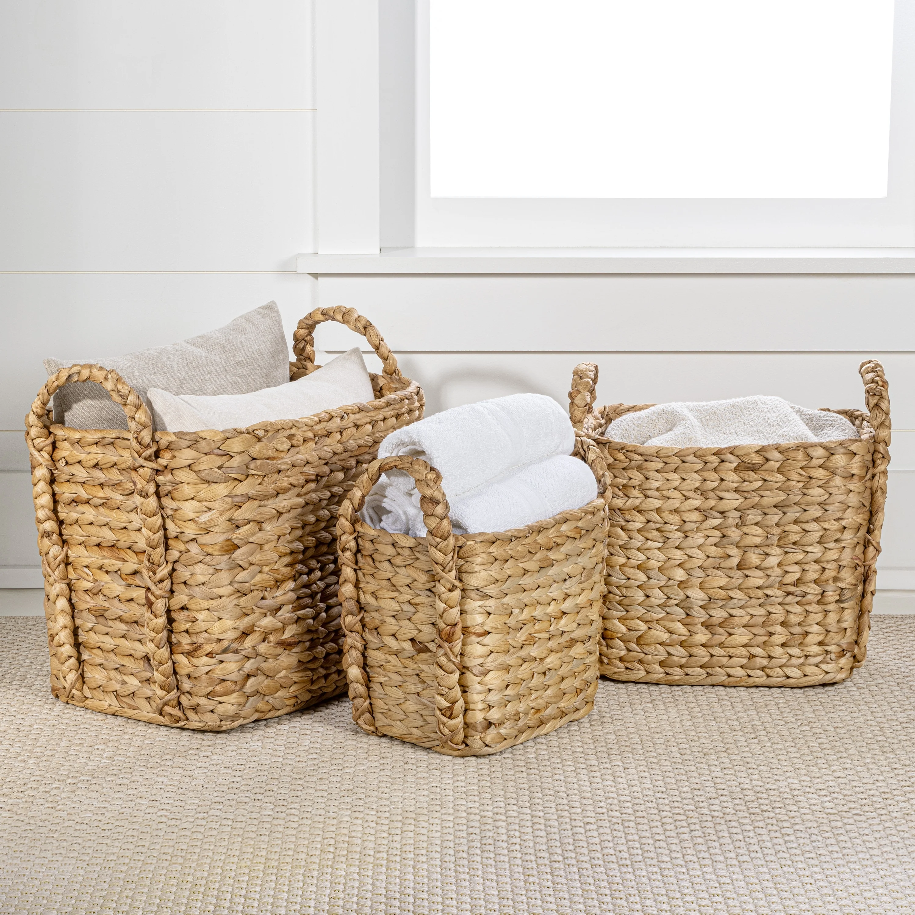 Handwoven Rectangle Storage Floor Baskets with Handles (Set of 3)