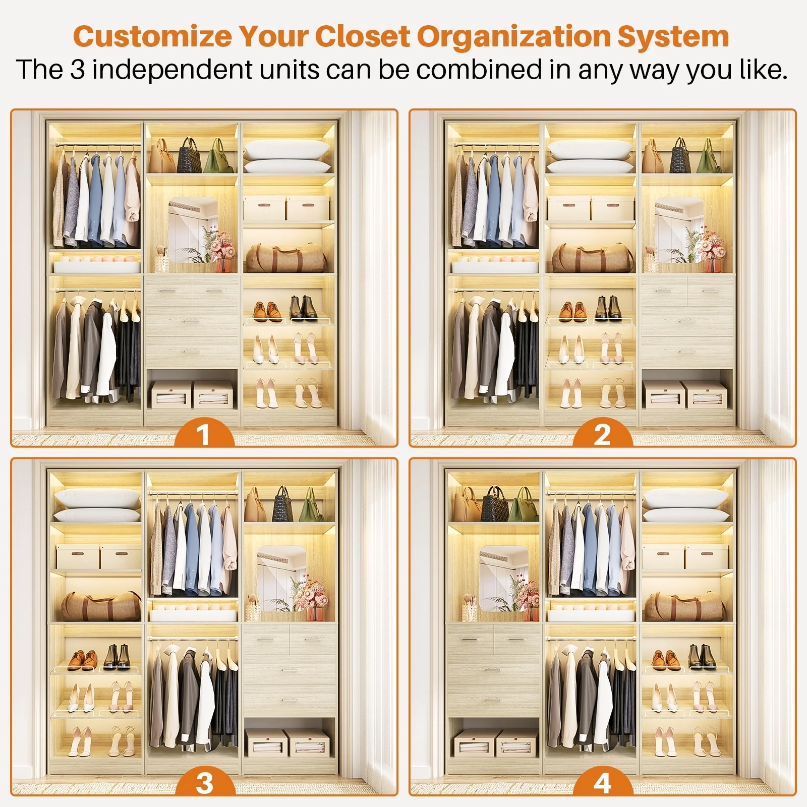 Cimly Set of 3 Freestanding Closet System with Drawers and Shoe Racks, 75'' Closet Organizer with Hanging Rods and Mirror