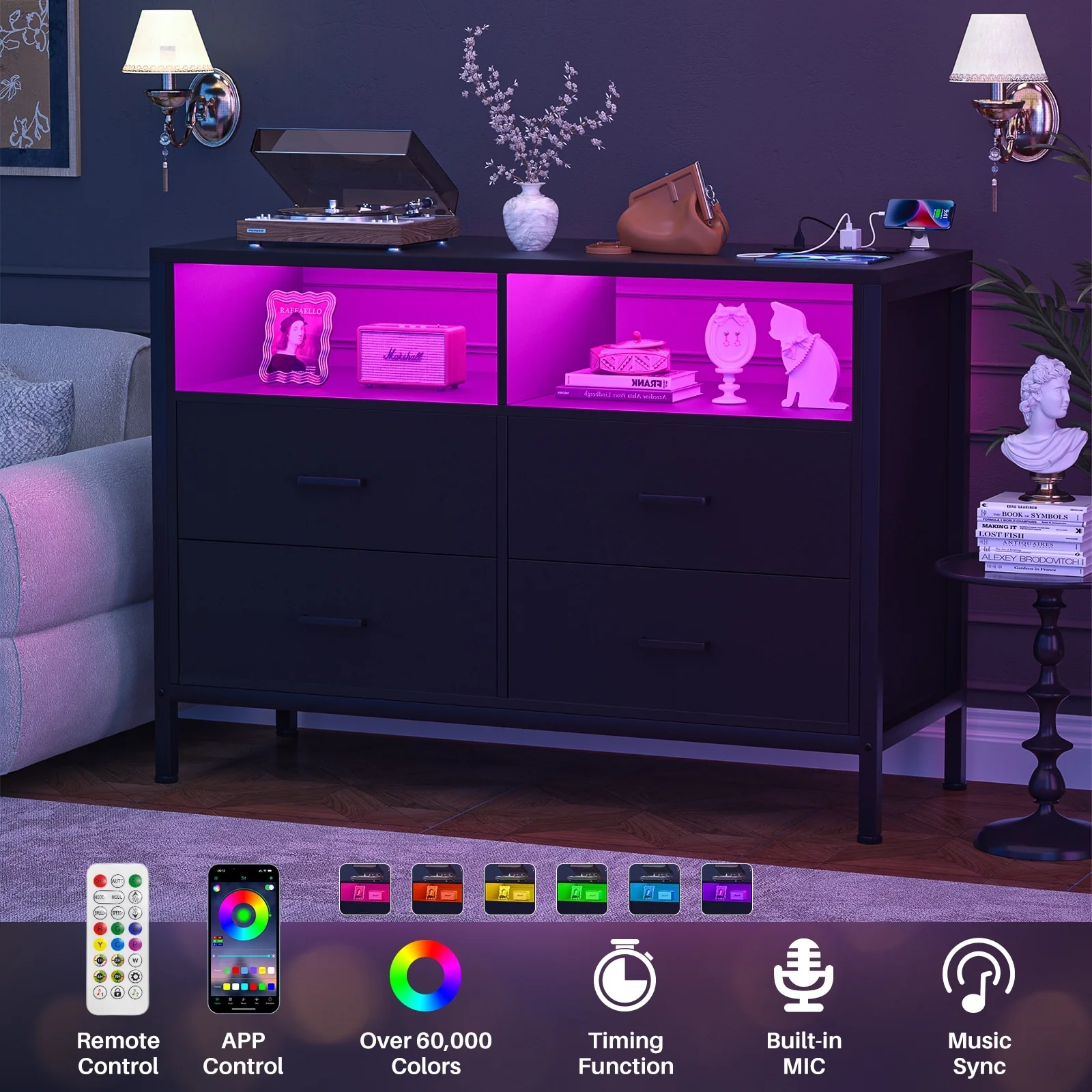 Chest of Drawers with LED Lights and Outlets,Wood Drawer Dresser for Clothes Storage