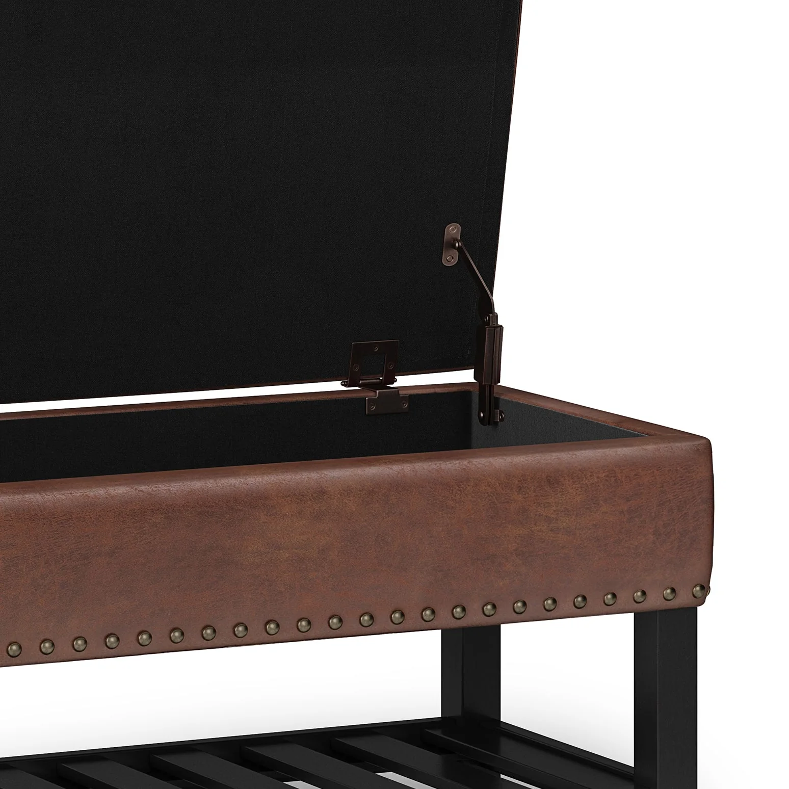 Upholstered Faux Leather Storage Ottoman with Tufted Top, Nailhead Trim and Open Bottom Shelf