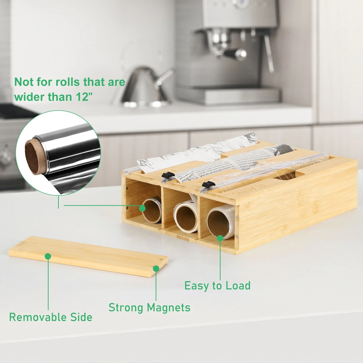 Plastic Wrap, Aluminum Foil and Wax Bamboo Dispenser for Kitchen Storage - 1PCS
