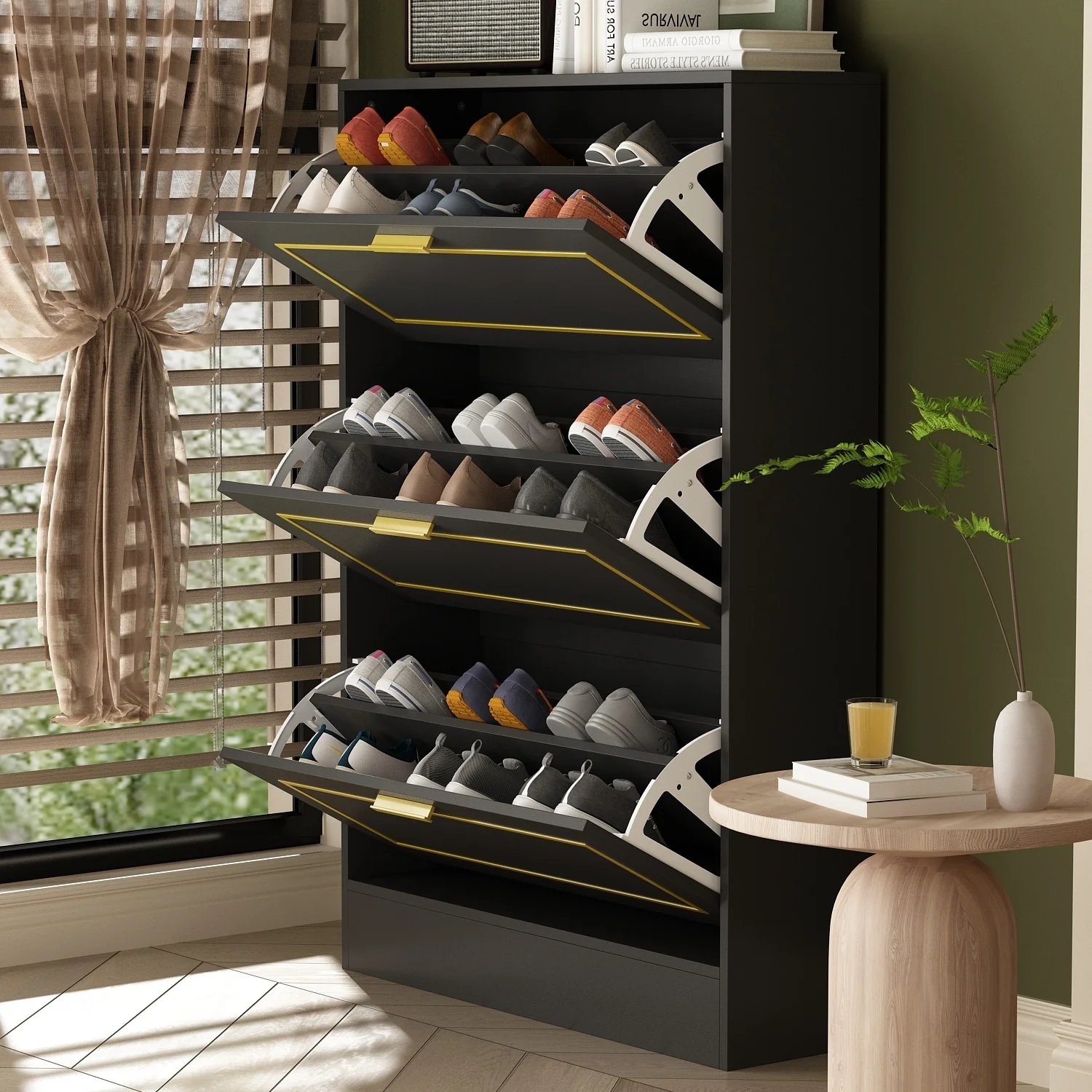 Fold-Out Shoes Cabinet Storage Cabinet Dresser Chest(Black/White)
