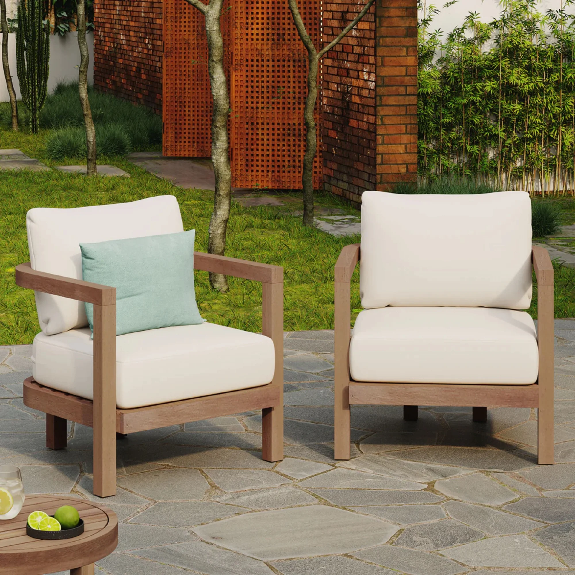 Outdoor Acacia Wood Club Chair with Padded Seat and Back Cushions, Set of 2
