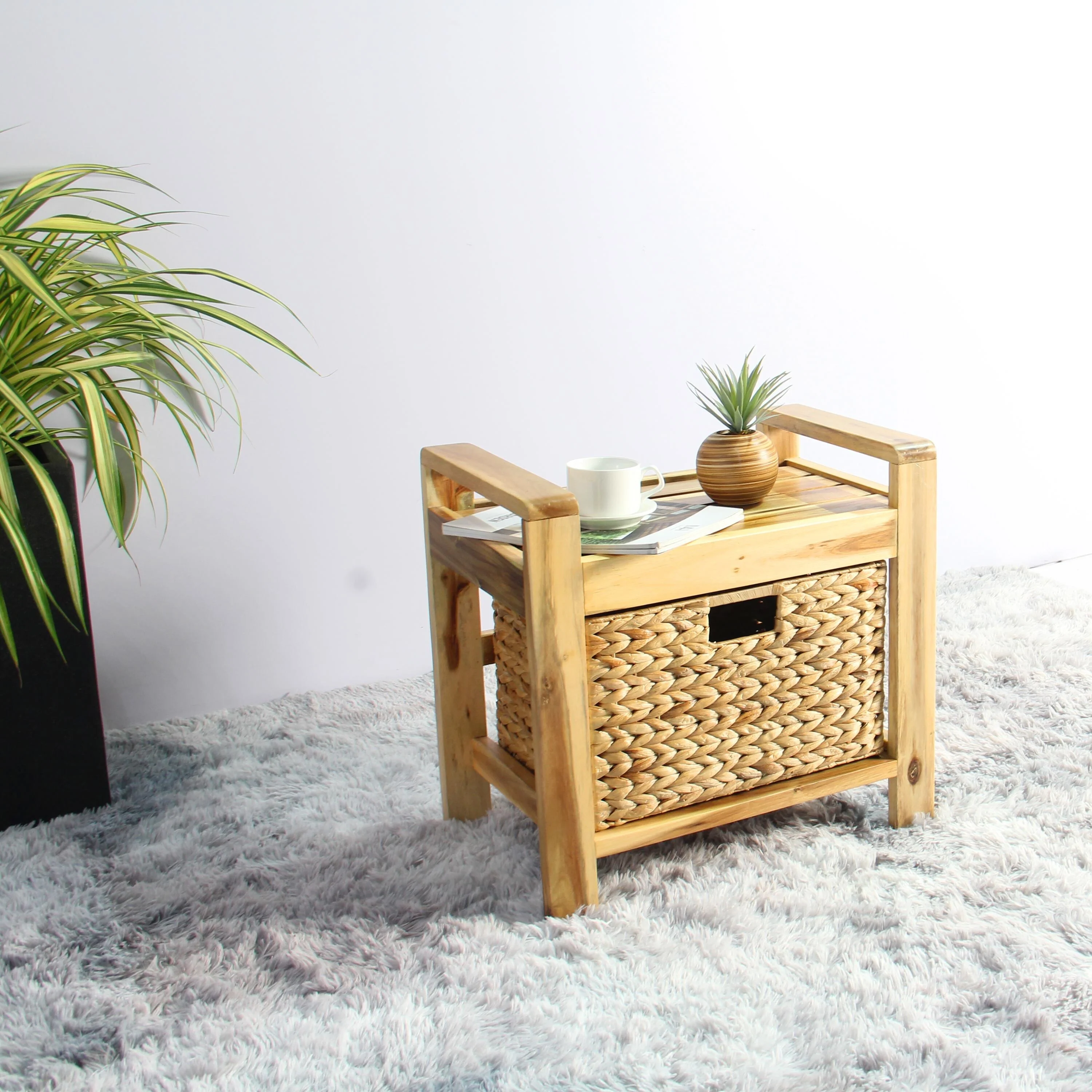 M4H Brae Solid Wood Natural Water Hyacinth Basket Storage Ottoman