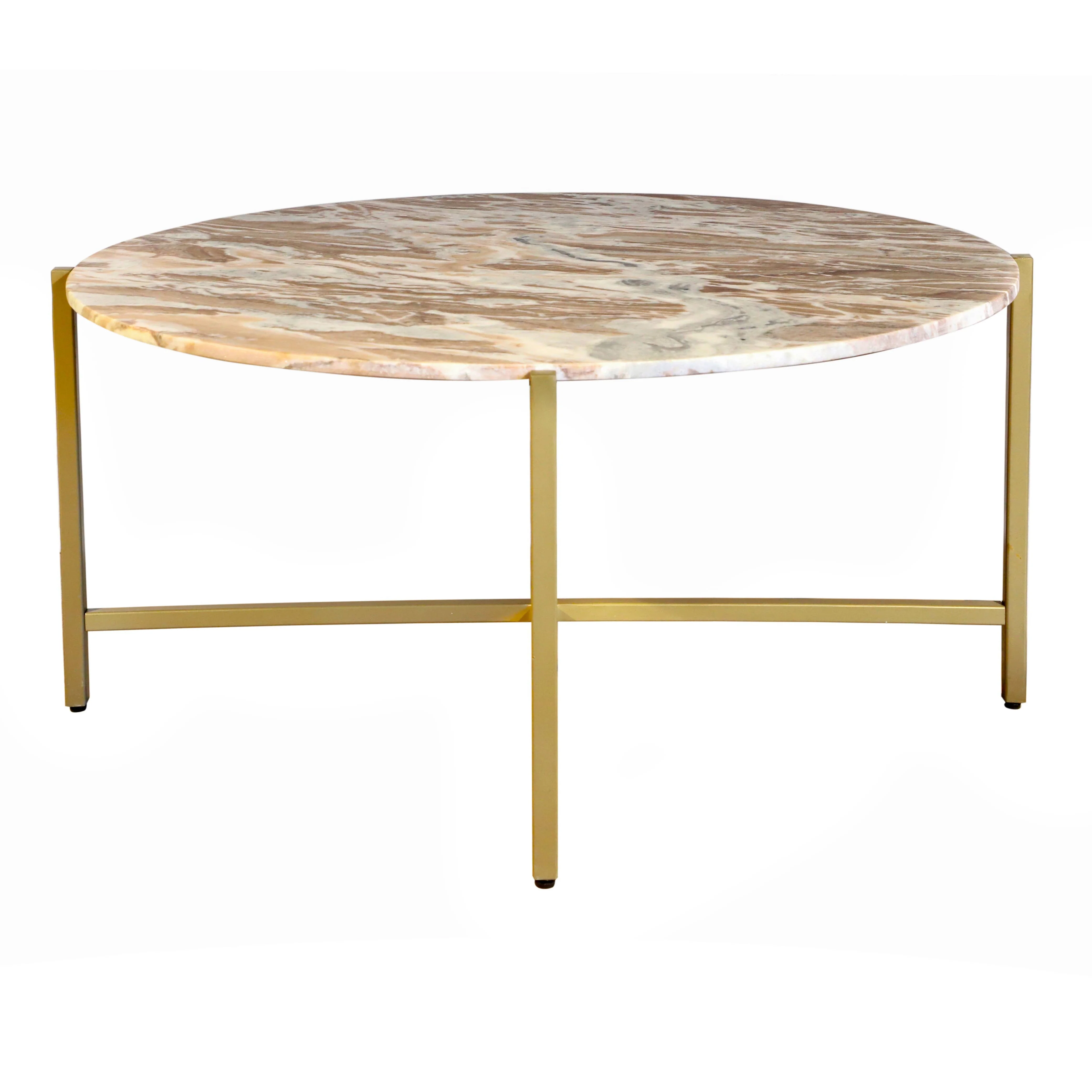 Brown Marble Coffee Table with Golden Metal Frame