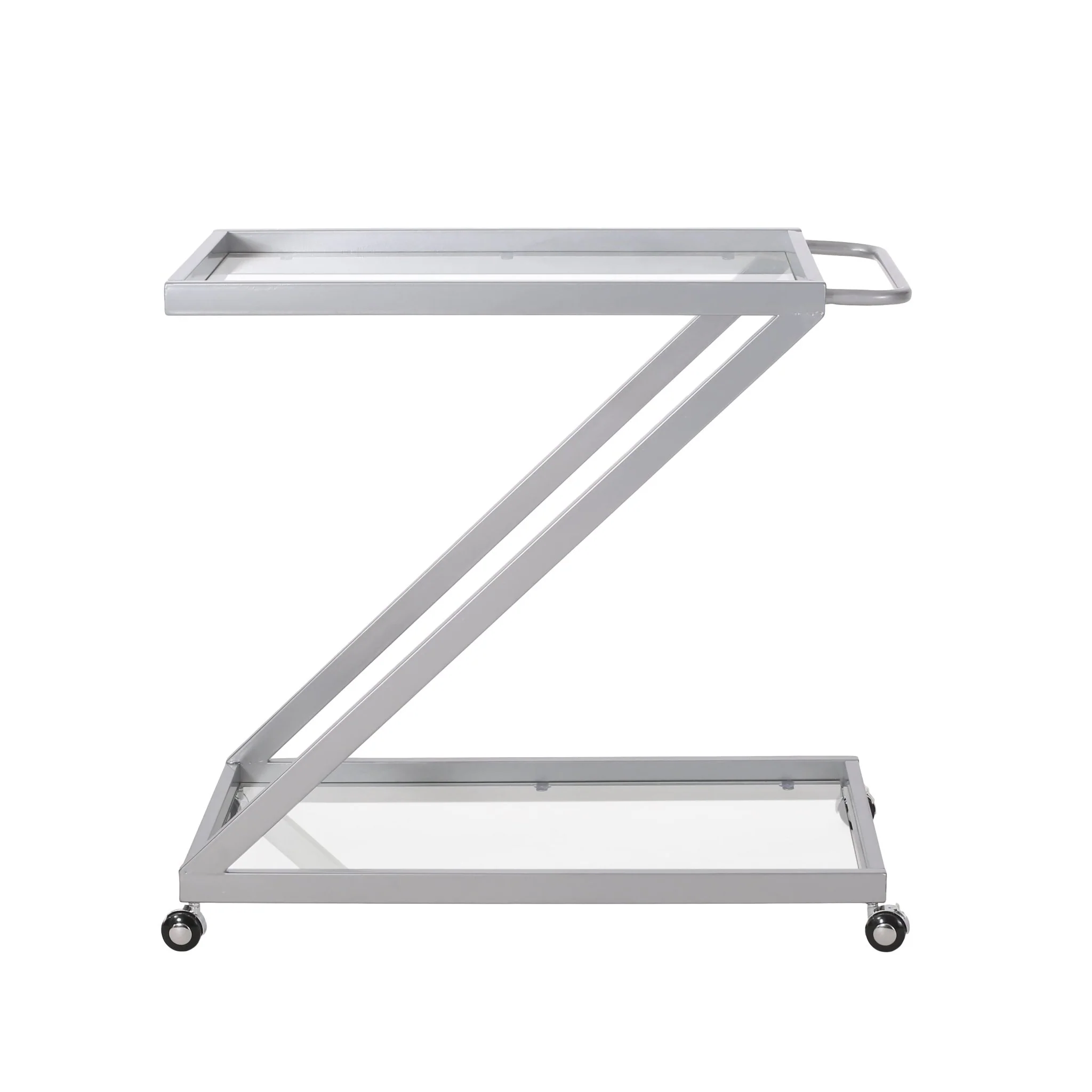 Z-Shape Bar Cart with 2 Glass Shelves and Rolling Casters