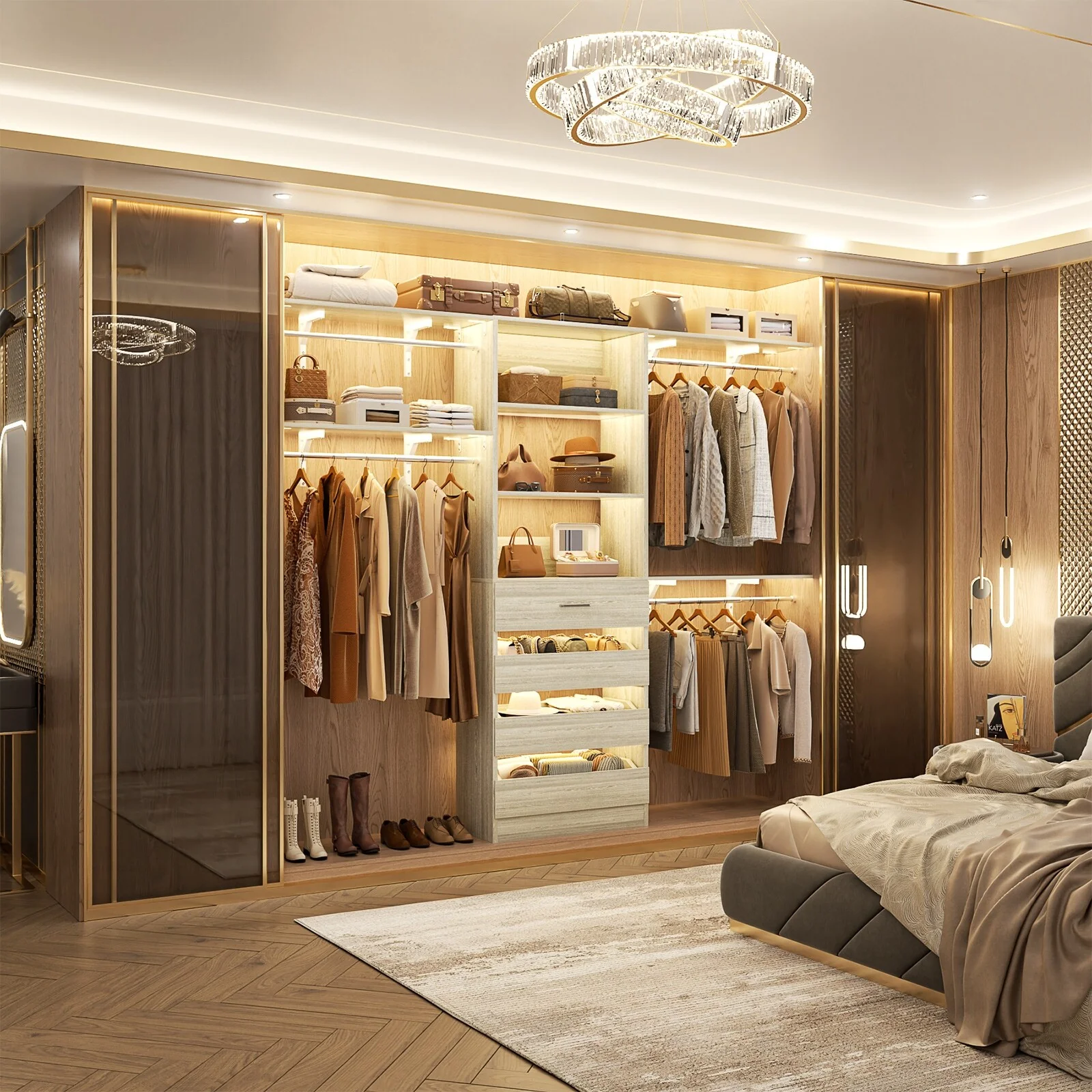 Rackcog 96'' Closet System with 4 Drawers and 4 Hanging Rods, 8FT Wood Closet Organizer for Walk-in Closet